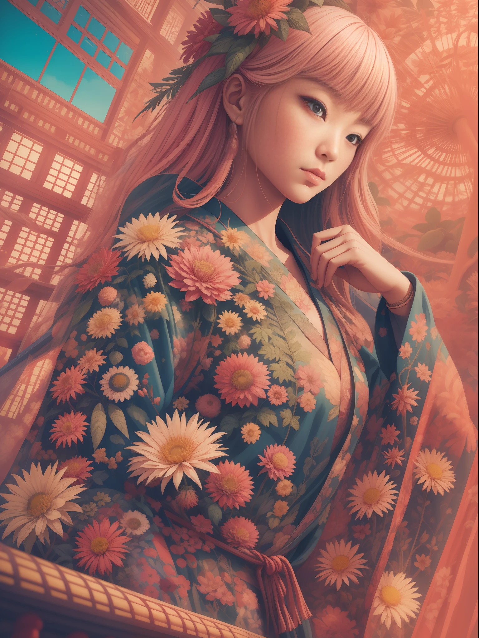 a woman, with plants around it, style of kitsch aesthetic, exotic, high-angle, pastel-colored scenes, i can't believe how beautiful this is, japanese-influenced prints, botanical abundance, naomi okubo, kris knight, flowerpunk, sky-blue and pink, jean giraud, soft pastel, organic form , ray tracing, anaglyph, pov, anatomically correct, award winning, masterpiece --ar 3:4 --style raw 50 --s 2