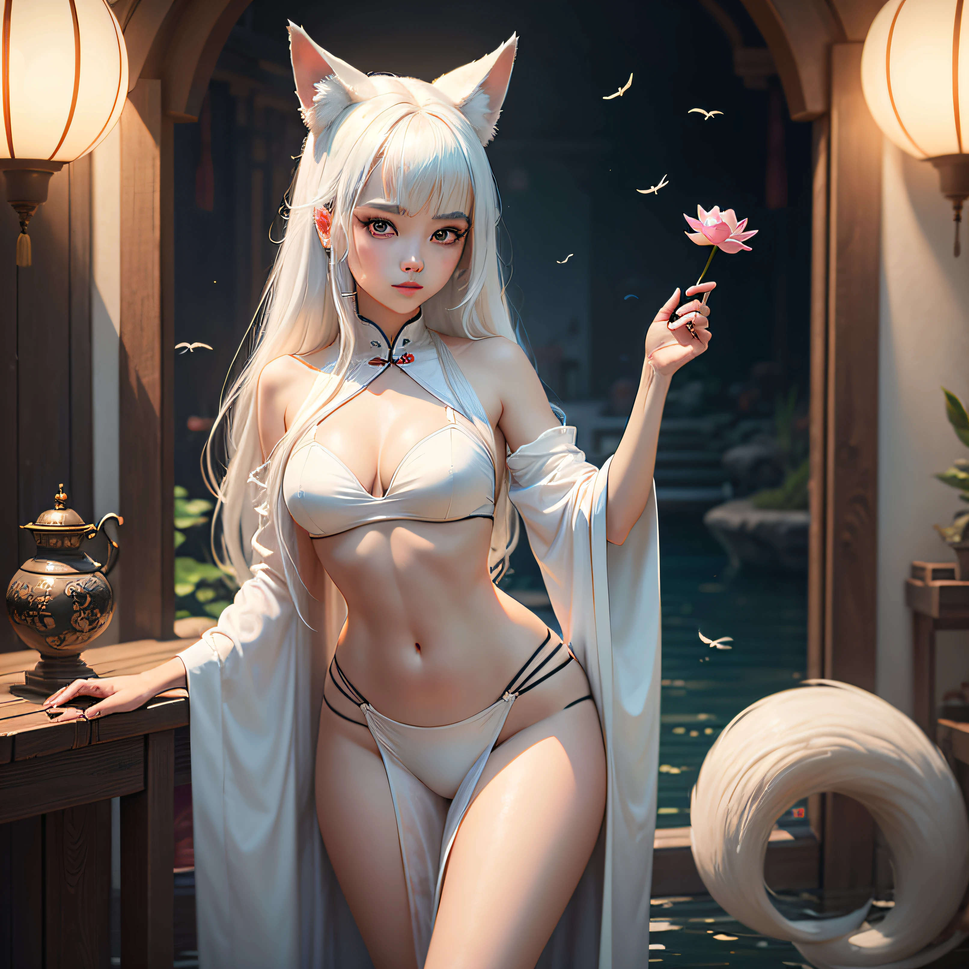 ((4k,masterpiece,best quality)), shuimobysim, Chinese painting, lotus, hanfu, maxiskit, dressed conservative 1 girl, solo, white hair, long hair, fox ears, white, bikini, fish, many fish close to the girl, looking at the audience, teasing