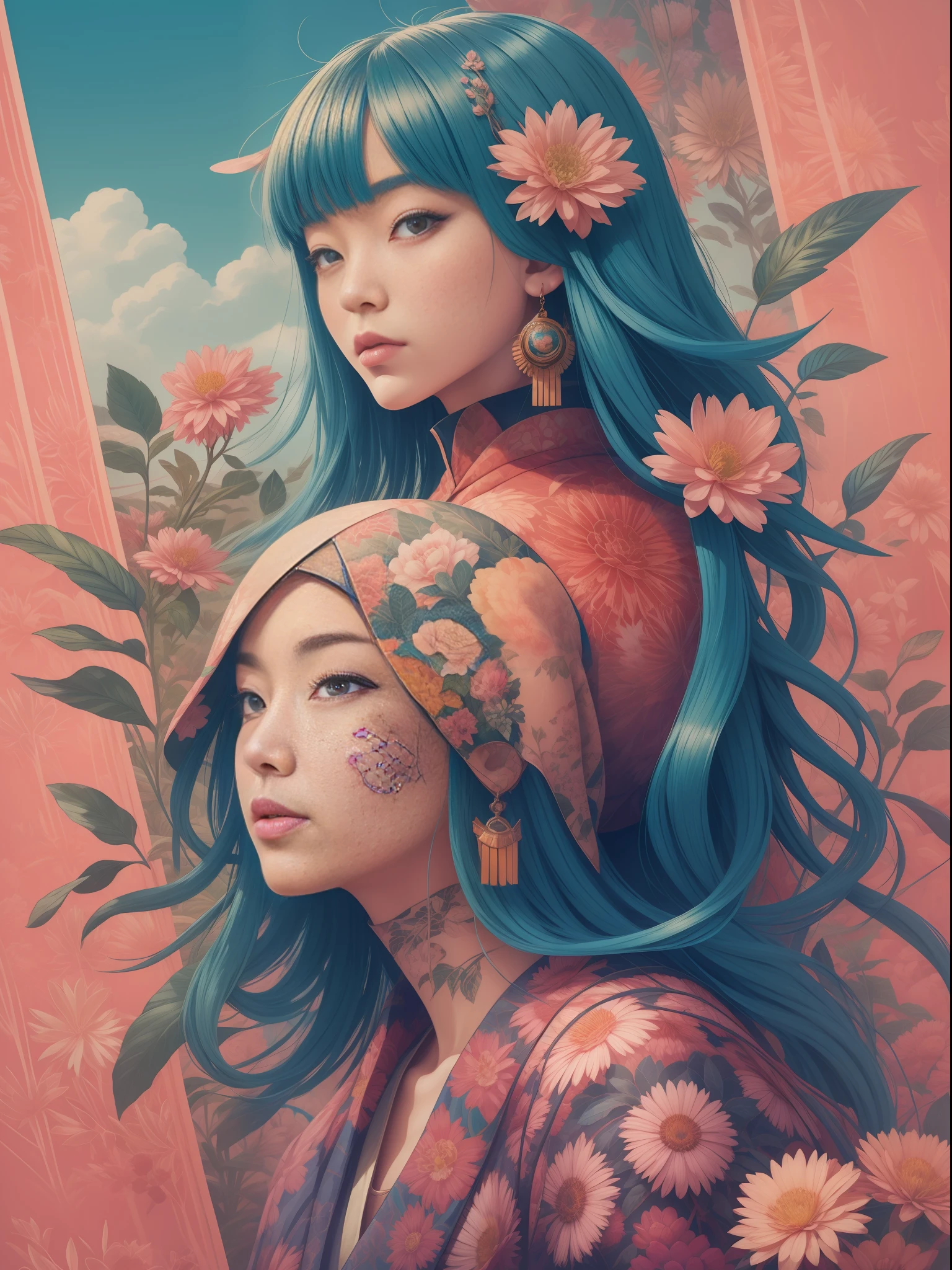 a woman, with plants around it, style of kitsch aesthetic, exotic, high-angle, pastel-colored scenes, i can't believe how beautiful this is, japanese-influenced prints, botanical abundance, naomi okubo, kris knight, flowerpunk, sky-blue and pink, jean giraud, soft pastel, organic form , ray tracing, anaglyph, pov, anatomically correct, award winning, masterpiece --ar 3:4 --style raw 50 --s 2