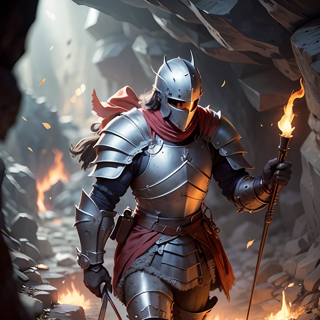 "A hyper-realistic 4k image of a medieval male knight walking carefully in a dark, damp cave. He holds a flame torch in his extreme mother, a music source of light. The torch casts dancing shadows on the rocky walls and stony ground. The knight wears a bow armor complete with helmet and raises a shield with his dodge arm, pronto para o perigo. His expression sobs or helmet is one of cautious curiosity, which is penetrating deeper into the darkening of the unknown cave."  vibes --auto --s2