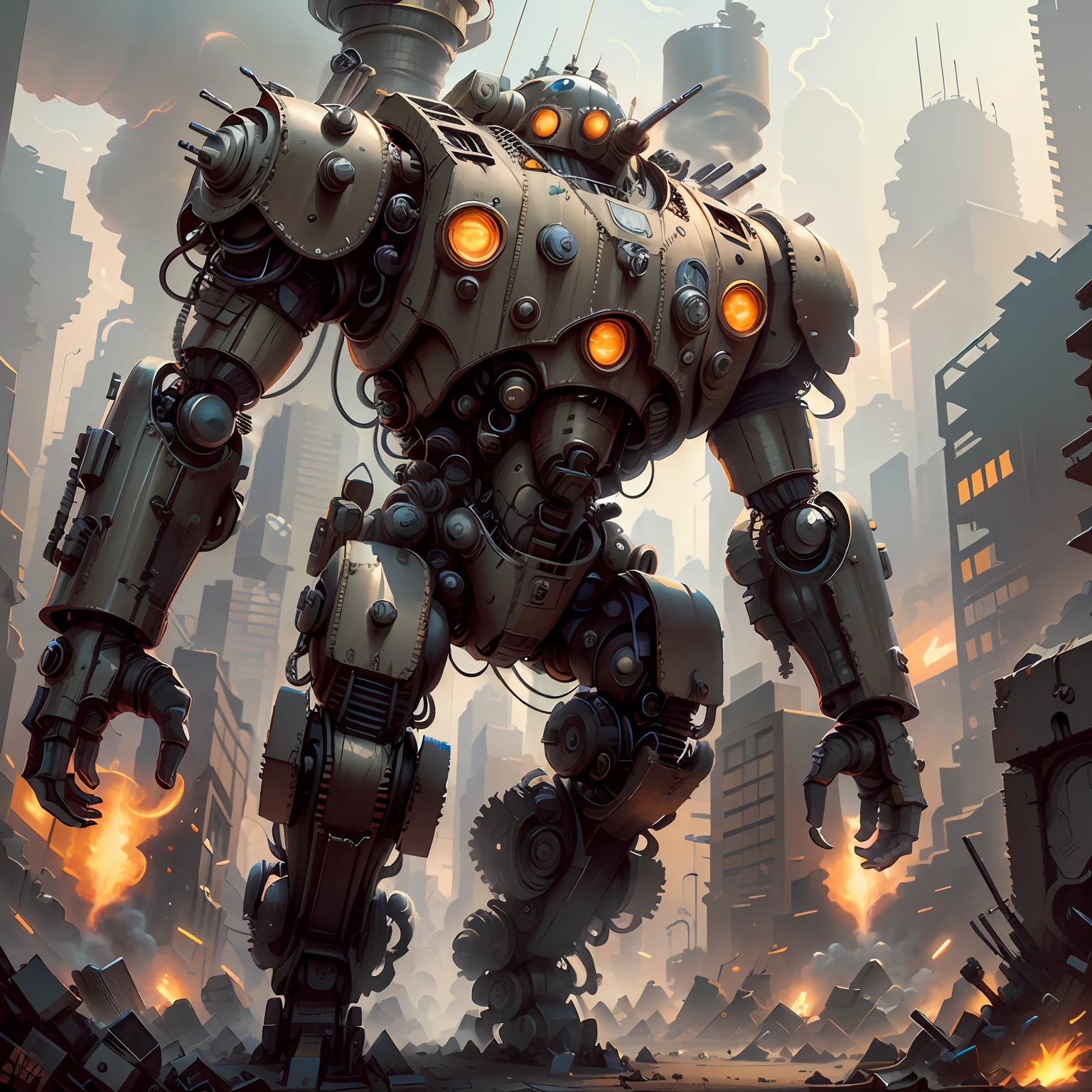 dieselpunk, metropolis, Dirty City, The robot, Dynamic Actions, Dynamic angles, post-apocalyptic, urban concept art,