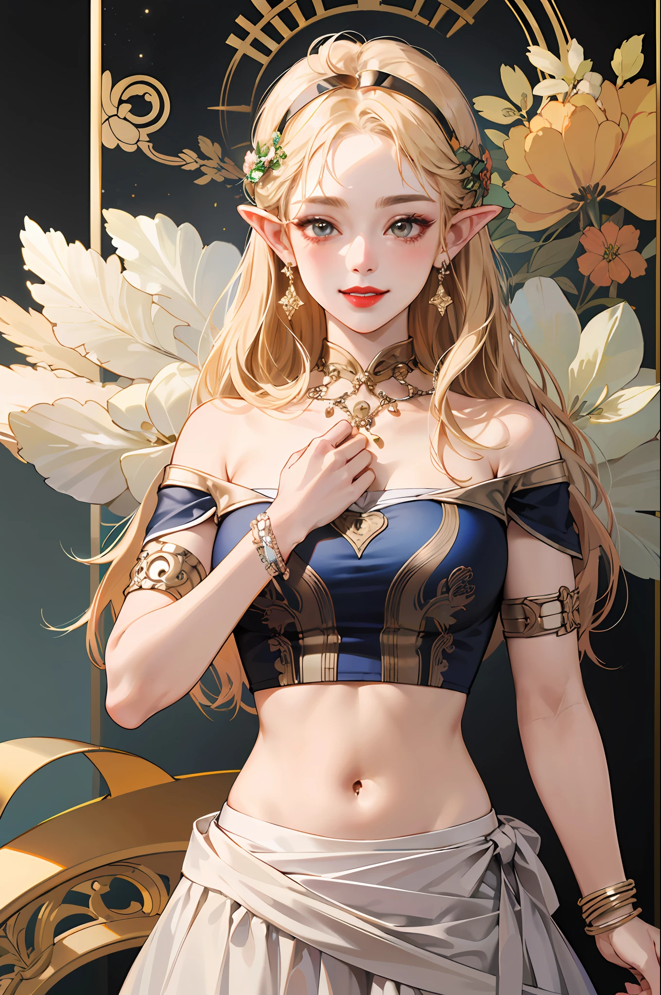(A masterpice:1.4)、(beste-Quality:1.4)、
1girl in, armlet, bare shoulder, blonde  hair, blushful, A bracelet, 가슴, circlet, elvish, verd s eyes, Wreath on the head, giant breast, jewlery, a large breast, length hair, looking at the viewers, Belly Navel, O-ring, o-ring top, pointy ear, simple background, a smile, 独奏, extra very long hair, ,Realstic,(shinny skin),(A masterpice:1.4),(beste-Quality:1.4),red-lips,milf woman