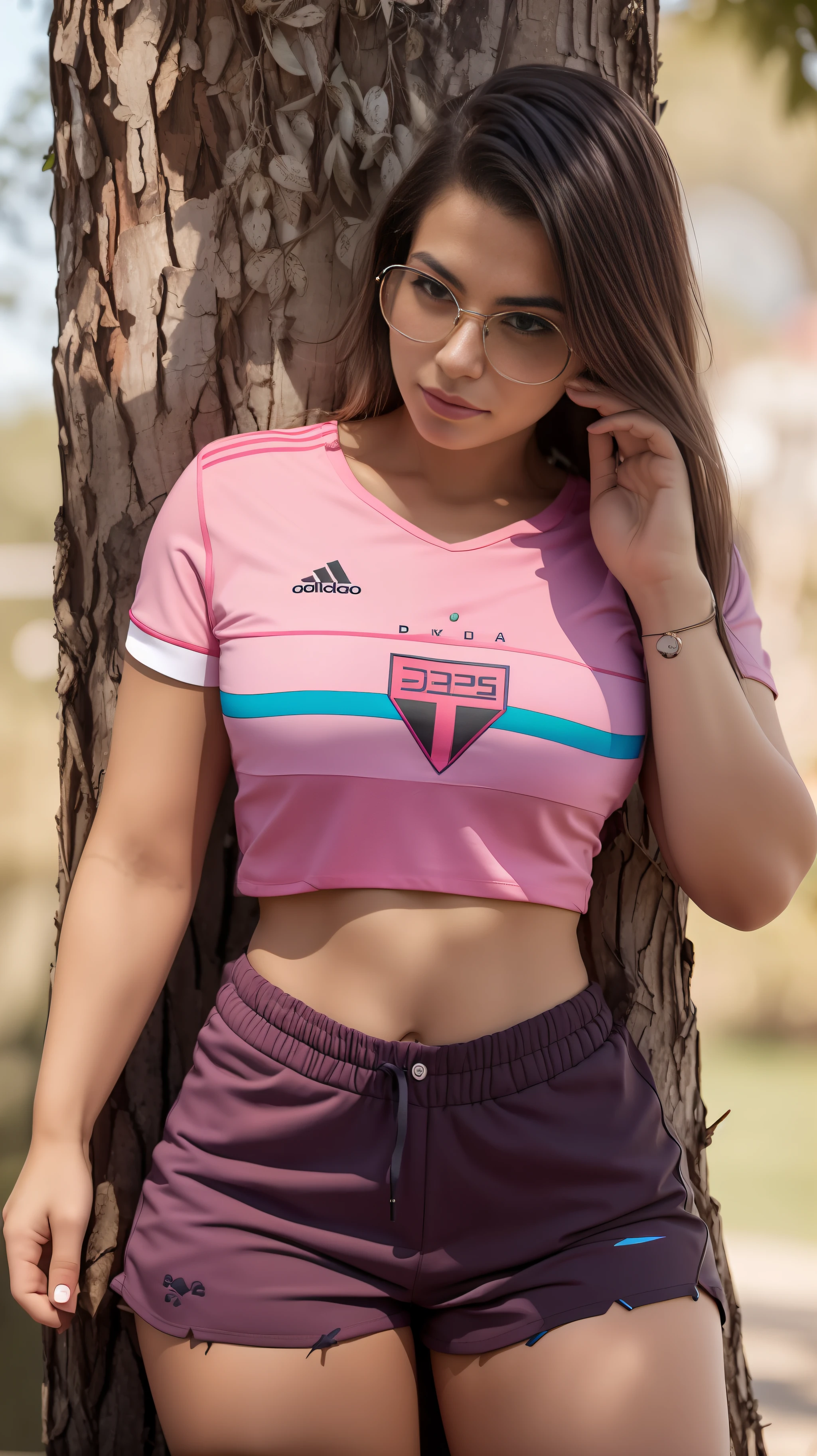 a close up of a woman in a pink shorts leaning against a tree, Parece Fabiula Nascimento, 🐝👗👾, brasileiro, gorgeous female, casual, Topo de colheita, Malika Favre, fernanda suarez, beautiful female, sport bra and shirt, Desportivo, muito definido, young female, 16K REALISTA