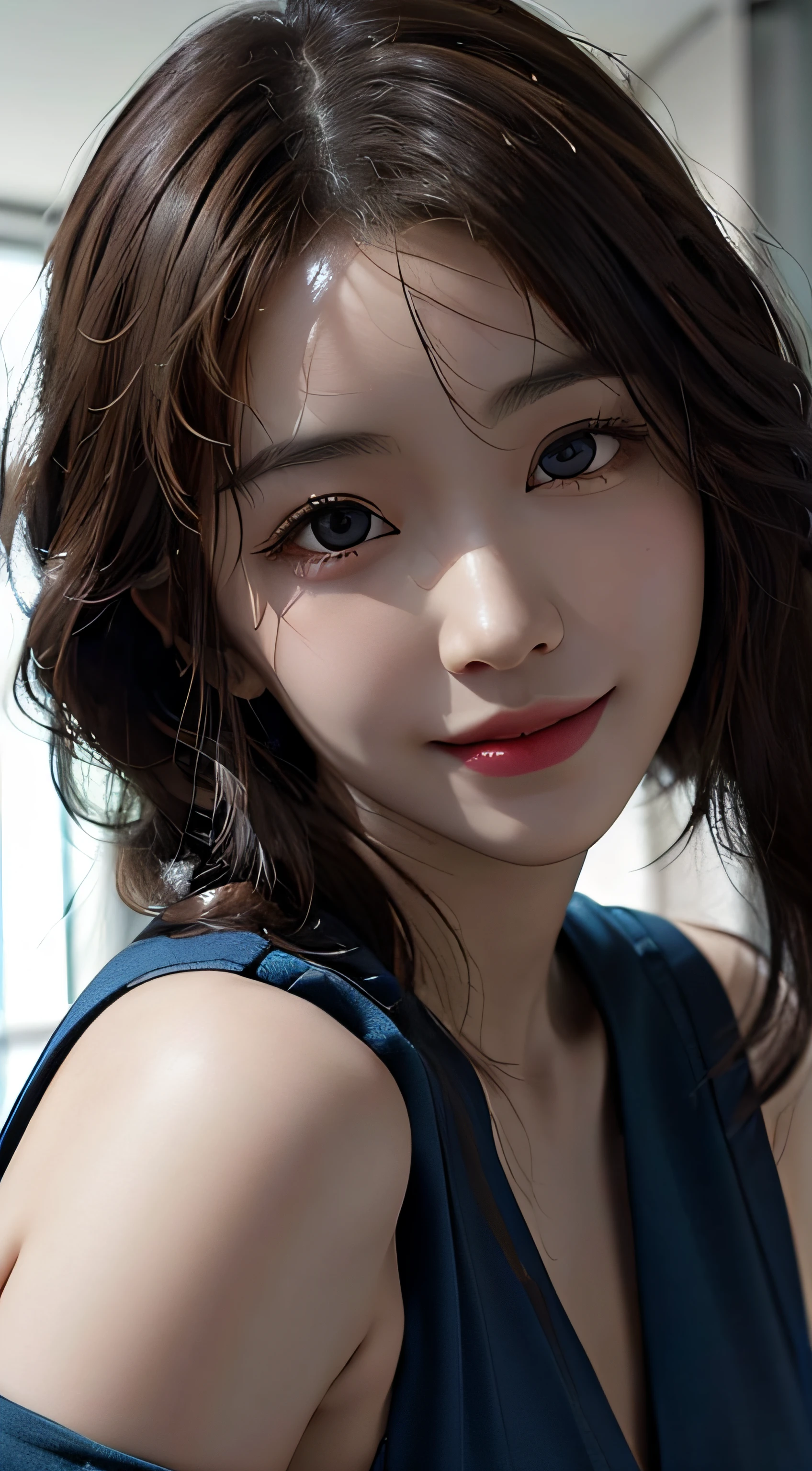 Masterpiece, 1 Beautiful Girl, Detailed, Swollen Eyes, Top Quality, Ultra High Resolution, (Reality: 1.4), Original Photo, 1Girl, Cinematic Lighting, Smiling, Japanese, Asian Beauty, Korean, Clean, Super Beautiful, Little Young Face, Beautiful Skin, Slender, Cyberpunk Background, (ultra realistic), (high resolution), (8K), (very detailed), (best illustration), (beautifully detailed eyes), (super detailed), (wallpaper), (detailed face), viewer looking, fine detail, detailed face, pureerosfaceace_v1, smiling, 46 point slanted bangs, looking straight ahead, neat clothes, dark colored eyes, clothes sleeveless, body facing front,