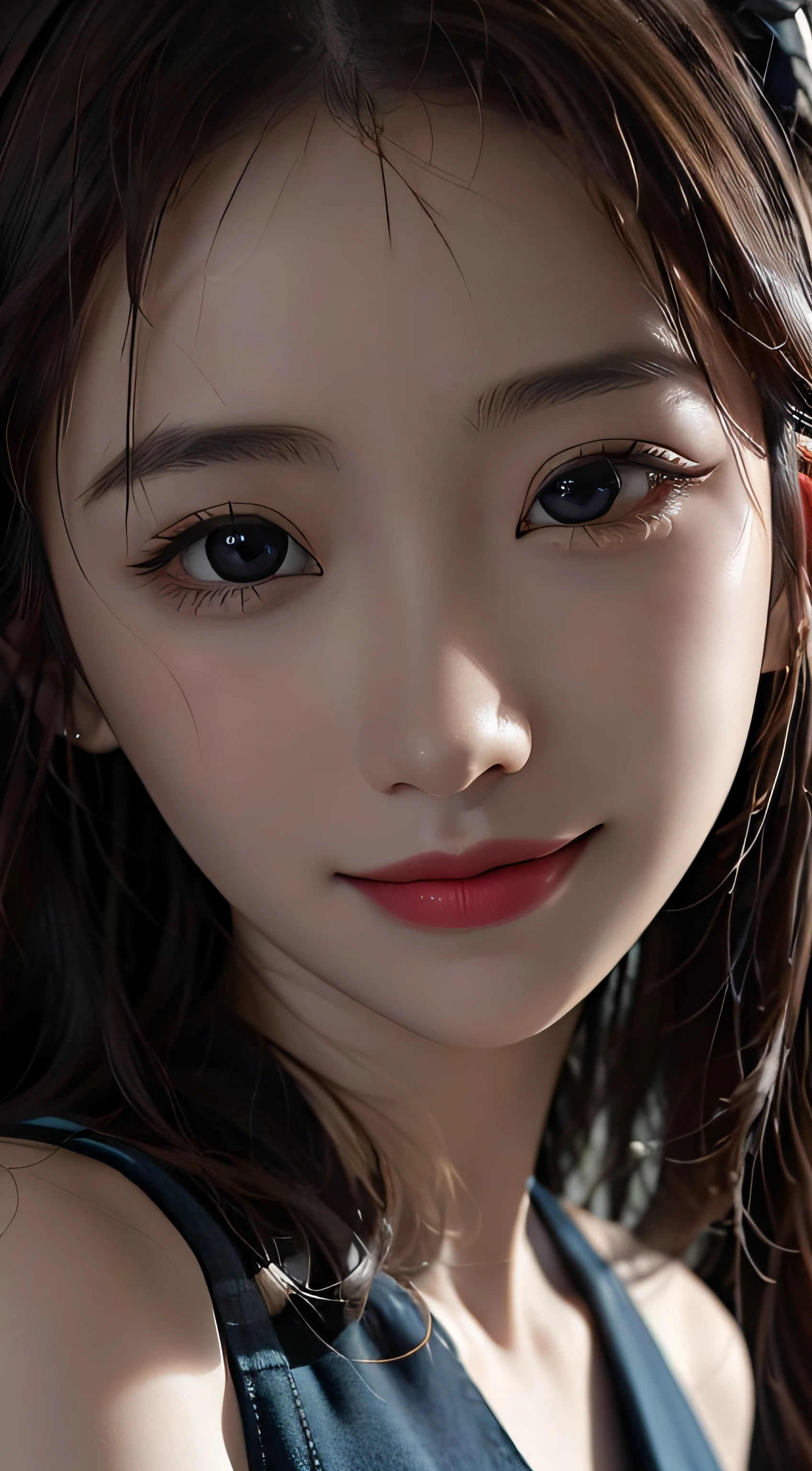Masterpiece, 1 Beautiful Girl, Detailed, Swollen Eyes, Top Quality, Ultra High Resolution, (Reality: 1.4), Original Photo, 1Girl, Cinematic Lighting, Smiling, Japanese, Asian Beauty, Korean, Clean, Super Beautiful, Little Young Face, Beautiful Skin, Slender, Cyberpunk Background, (ultra realistic), (high resolution), (8K), (very detailed), (best illustration), (beautifully detailed eyes), (super detailed), (wallpaper), (detailed face), viewer looking, fine detail, detailed face, pureerosfaceace_v1, smiling, 46 point slanted bangs, looking straight ahead, neat clothes, dark colored eyes, clothes sleeveless, body facing front,