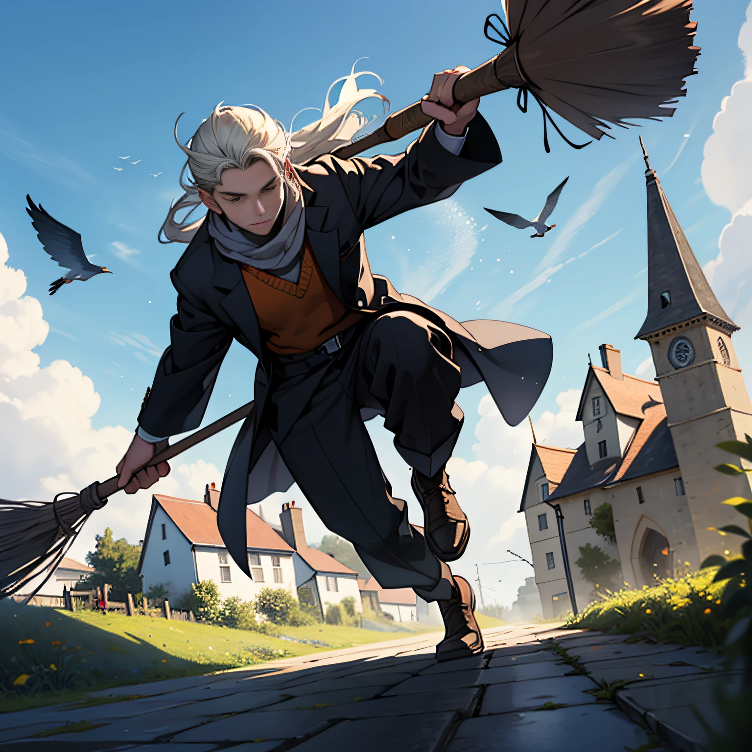 A man flies in the sky on a broomstick,high qulity,high-details,Hold the broom in both hands and place it on the block