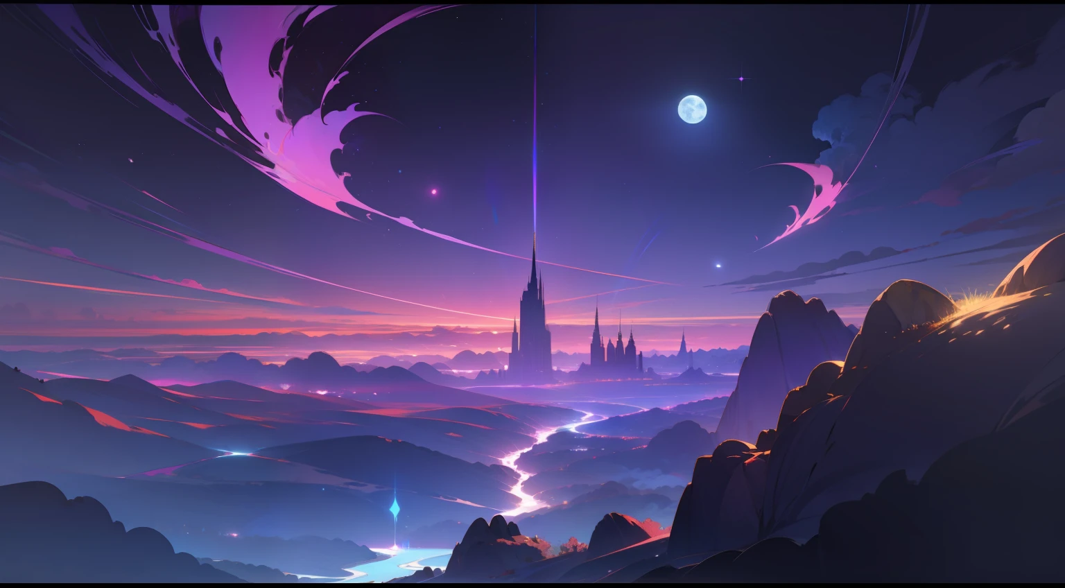 Expansive landscape photograph，（POV from below，Above is the sky，Below is an open building），（moon full：1.2），（Meteor：0.9），（Starcloud：1.3），（Warm light source：1.2），（glowworm：1.2），lamp lights，Lots of purple and blue，Complicated details，Volumetric lighting BREAK（masterpaintings：1.2），（optimal quality），4K，superdetailed，（dynamic compositions：1.4），with rich details，rich colour，（Iridescence color：1.2），（glowing with，Atmospheric lighting），Dreamlike，magical，（独奏：1.2）
