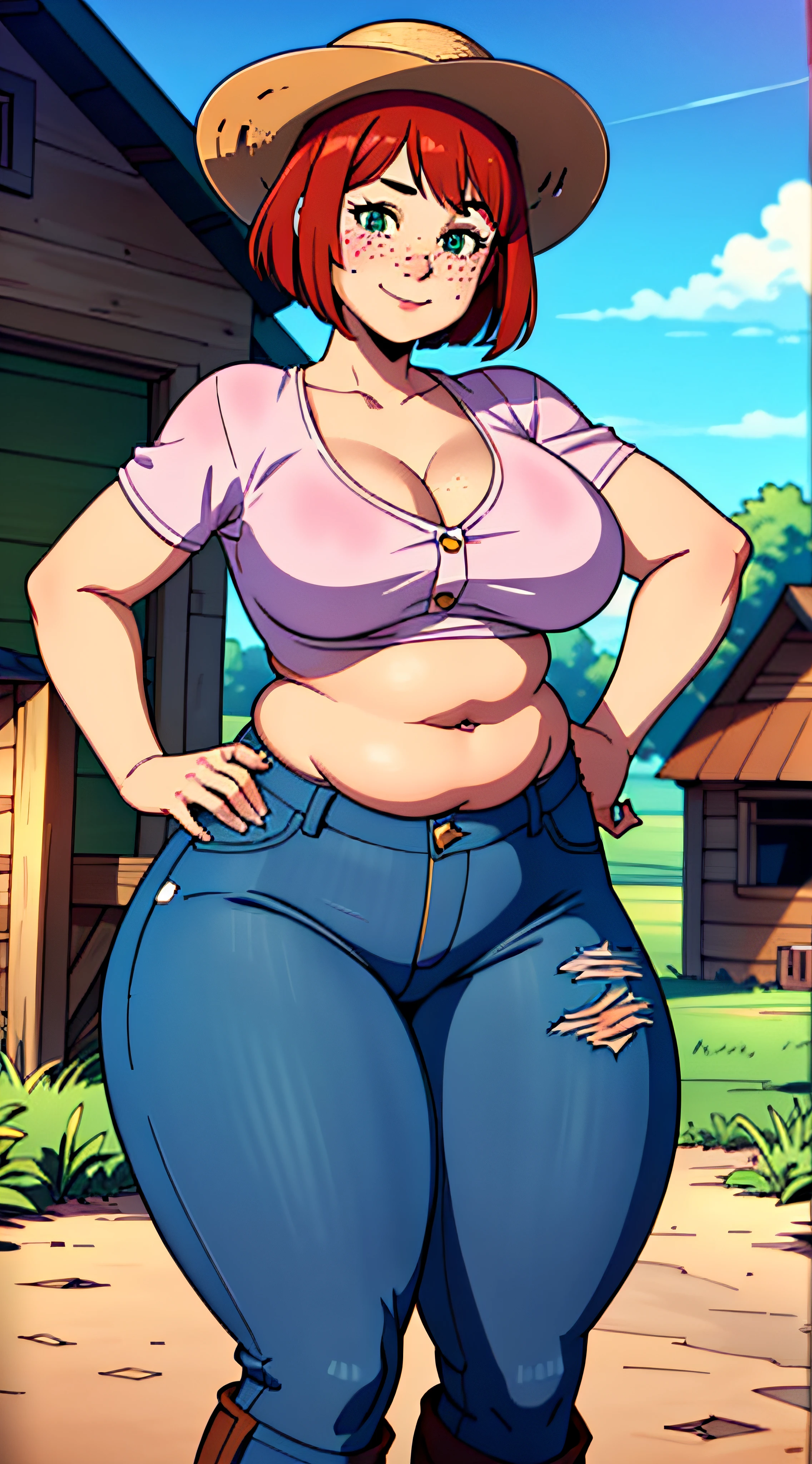 Masterpiece, high quality, best quality, beautiful, HD, perfect lighting, detailed face, ultra cute face, detailed body, ((1girl)), ((solo)), red hair, short hair, bob cut, bangs, freckles, green eyes, plaid button up shirt, jeans, leather boots, straw hat, looking at viewer, seductive smile, (blush), affectionate, flirting, medium breasts, cleavage, perky breasts, ((thicc)), (((pudgy))), pudgy tummy, belly overhang, belly rolls, she has a jiggly fat belly, ((((wide hips)))), (((((thick thighs))))), she has a fat ass, ((tight jeans)), barn in the background, big open sky, farm land, daytime, sunny, farm girl, hand on hip,