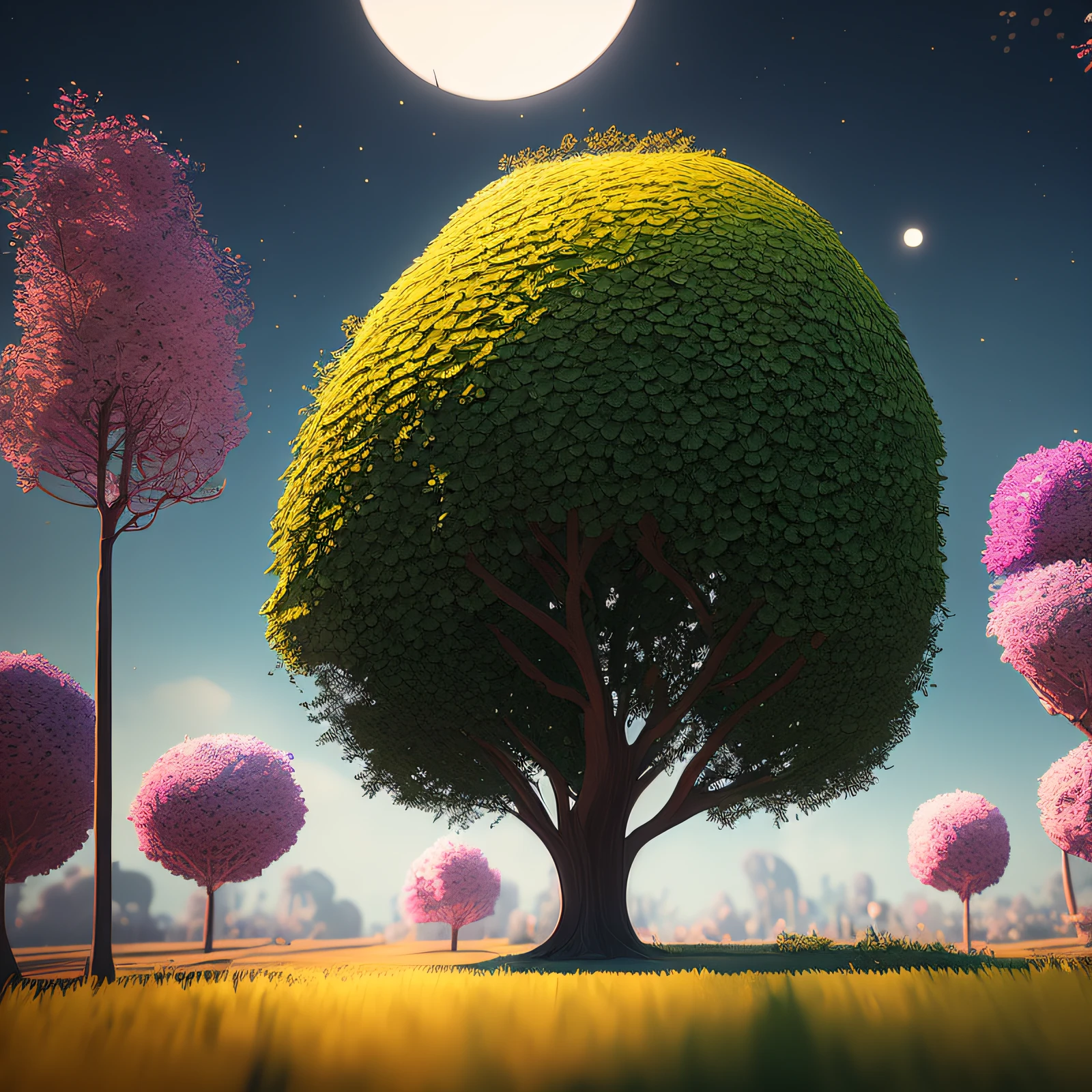 there is a tree that is in the middle of a field，There is a lot of candy on it, Fantasy Tree, candy forest, Magical tree, magic tree, Stylized digital art, everything is made of candy, tree of life seed of doubt, 4k highly detailed digital art, in a candy forest! At night, 8K high quality detailed art, Stylized 3 D