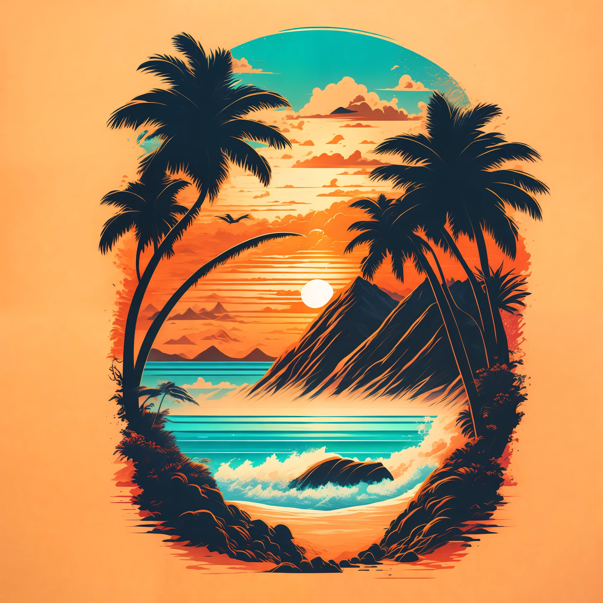 A beach in a summer landscape, T-shirt design, Midjourney, Vector Art, Hydro74