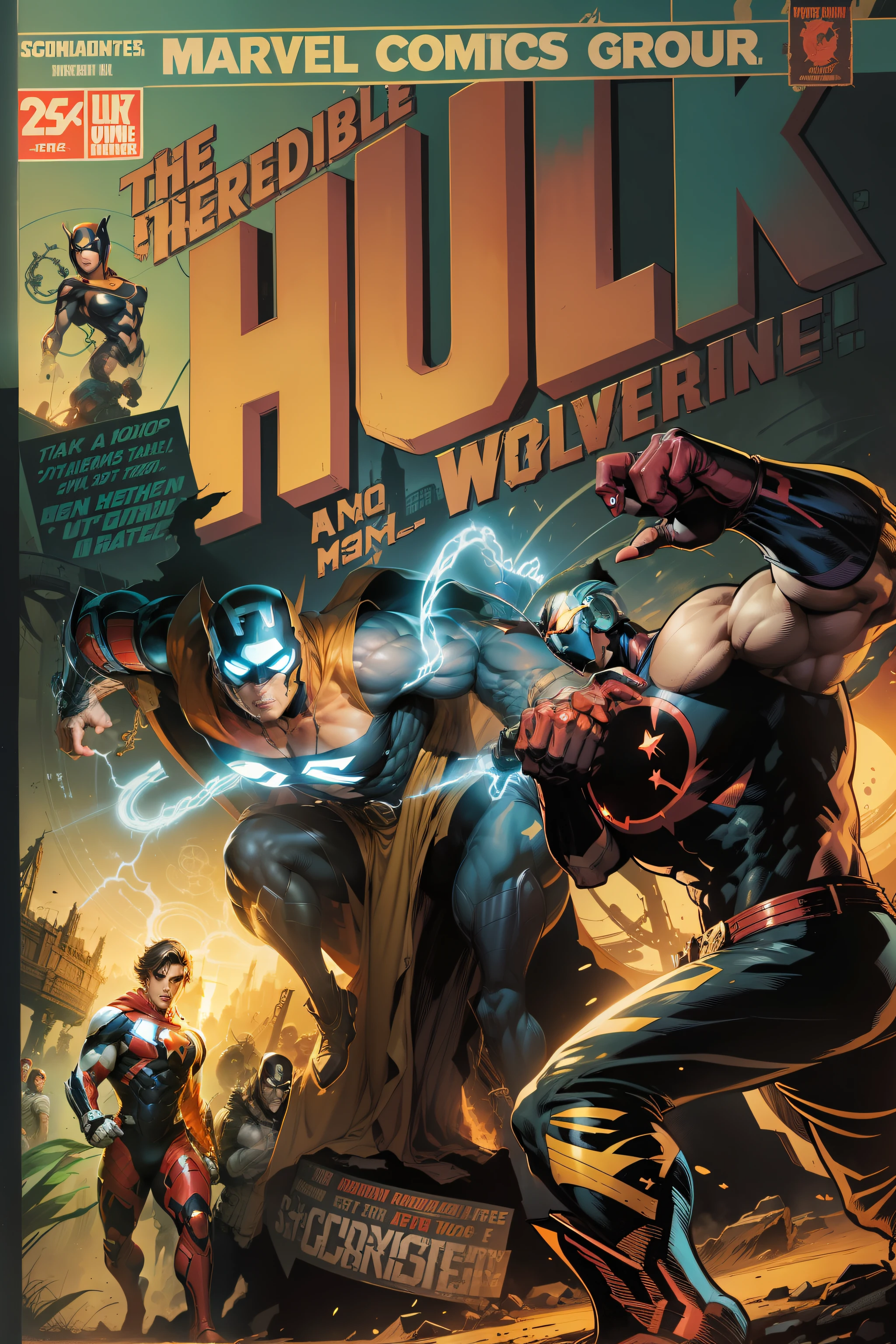 portada de comic Marvel, Superhero Group, muchos personajes, poses dinamicas, espectacular, fantasy, Science-Fiction, Ciberpunk --auto