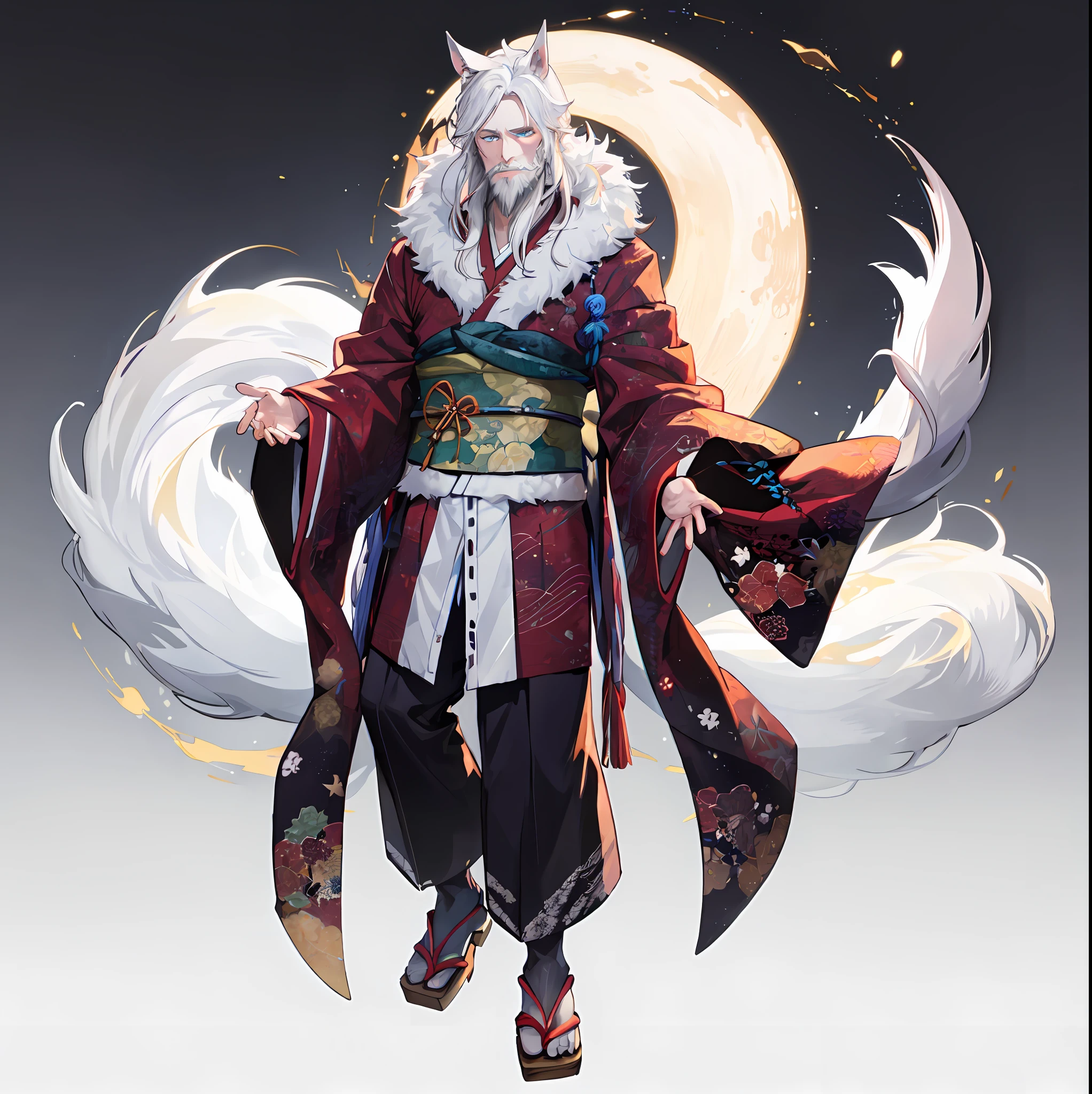 anime character dressed in traditional japanese clothing with a full moon in the background, onmyoji detailed art, Onmyoji, portrait onmyoji, fox nobushi, white - haired fox, keqing from genshin impact, lunar themed attire, Trending on ArtStation pixiv, Official Character Art, handsome guy in demon slayer art, detailed anime character art