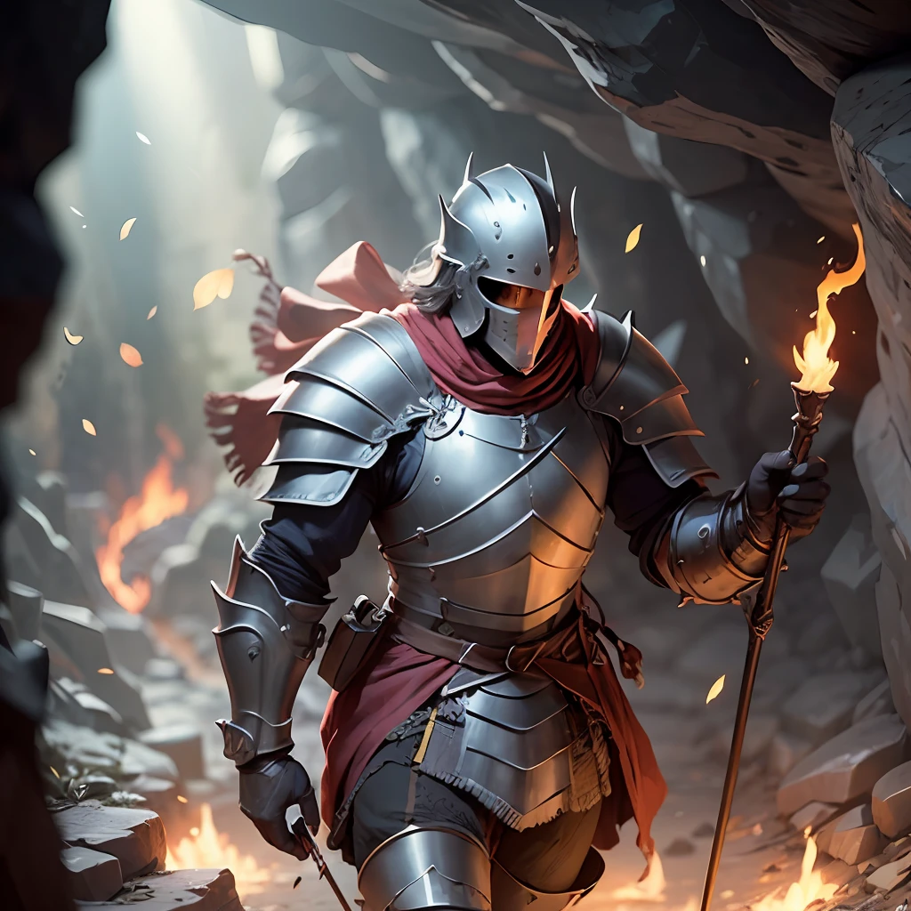 "A hyper-realistic 4k image of a medieval male knight walking carefully in a dark, damp cave. He holds a flame torch in his extreme mother, a music source of light. The torch casts dancing shadows on the rocky walls and stony ground. The knight wears a bow armor complete with helmet and raises a shield with his dodge arm, pronto para o perigo. His expression sobs or helmet is one of cautious curiosity, which is penetrating deeper into the darkening of the unknown cave." vibes --auto --s2