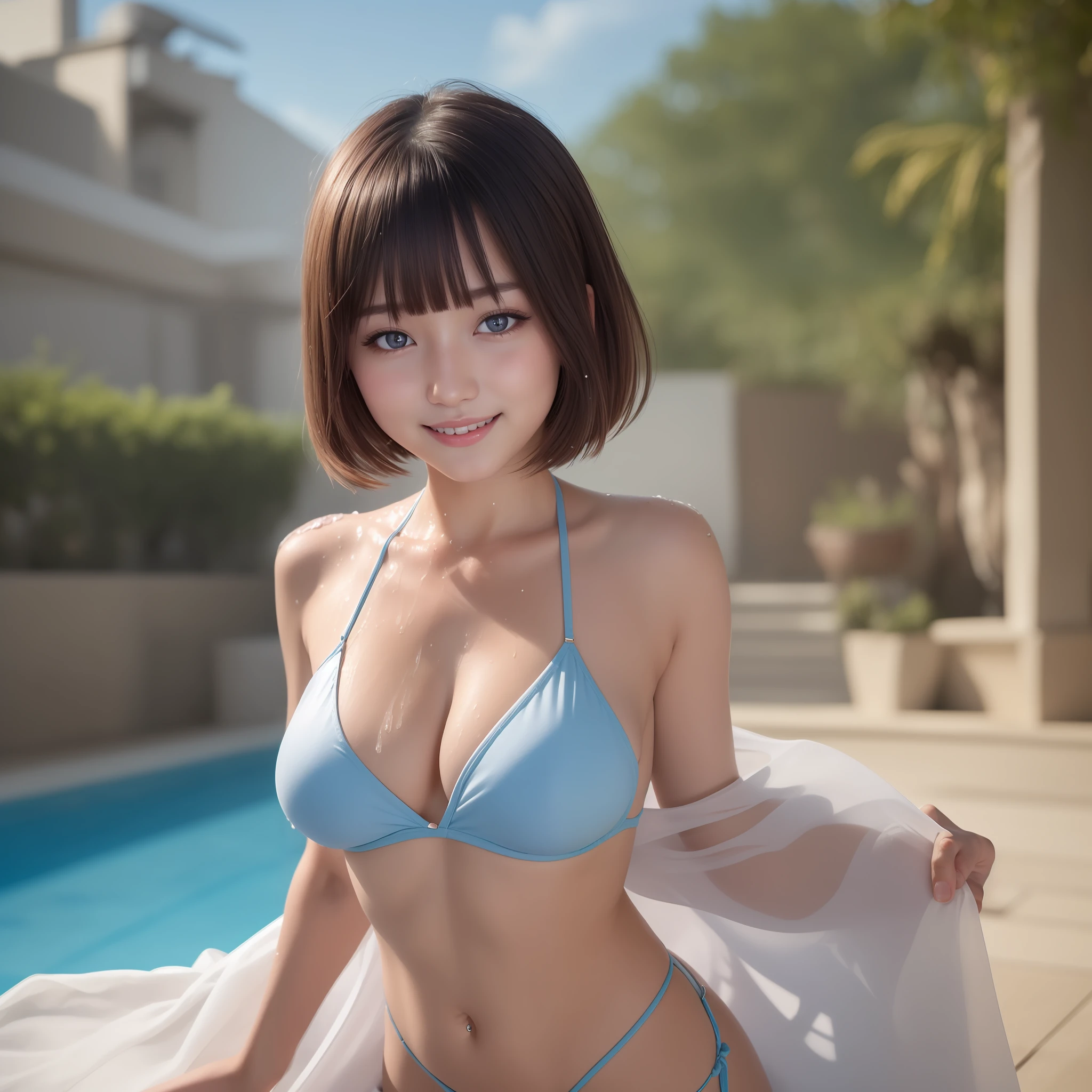 (best quality, 8k, 32k, masterpiece, UHD:1.2), pretty japanese girl, baby face, floating hair, cinematic lighting,
1girl, bikini, frills, wet skin, blunt bangs, light smile, pool, wet hair, large breasts, short hair,