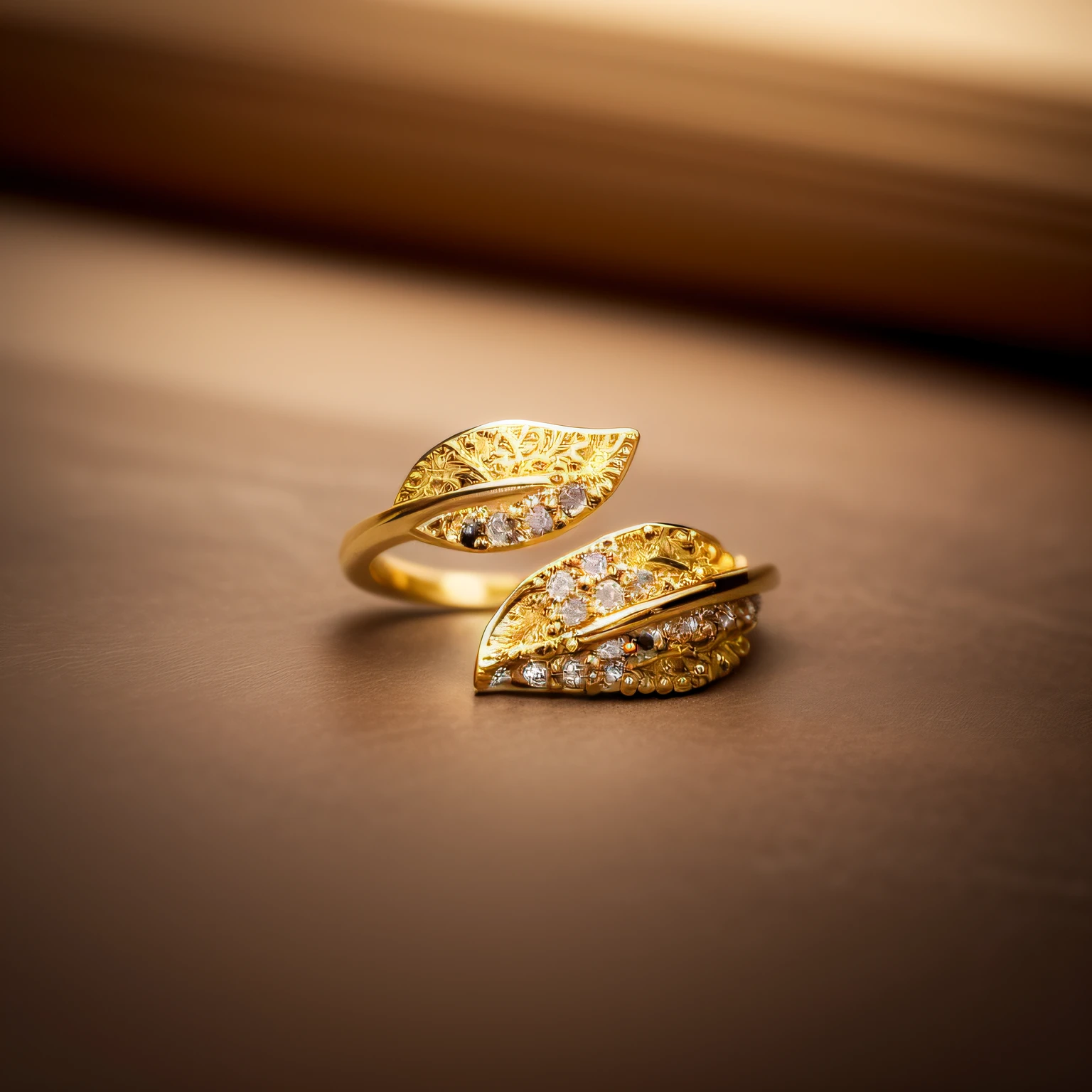 a close up of a gold ring with diamonds on a white background, jewelry photography, 35 mm product photo”, product photograph, gold plated, high quality product photo, high resolution product photo, miniature product photo, gold leaves, detailed product photo