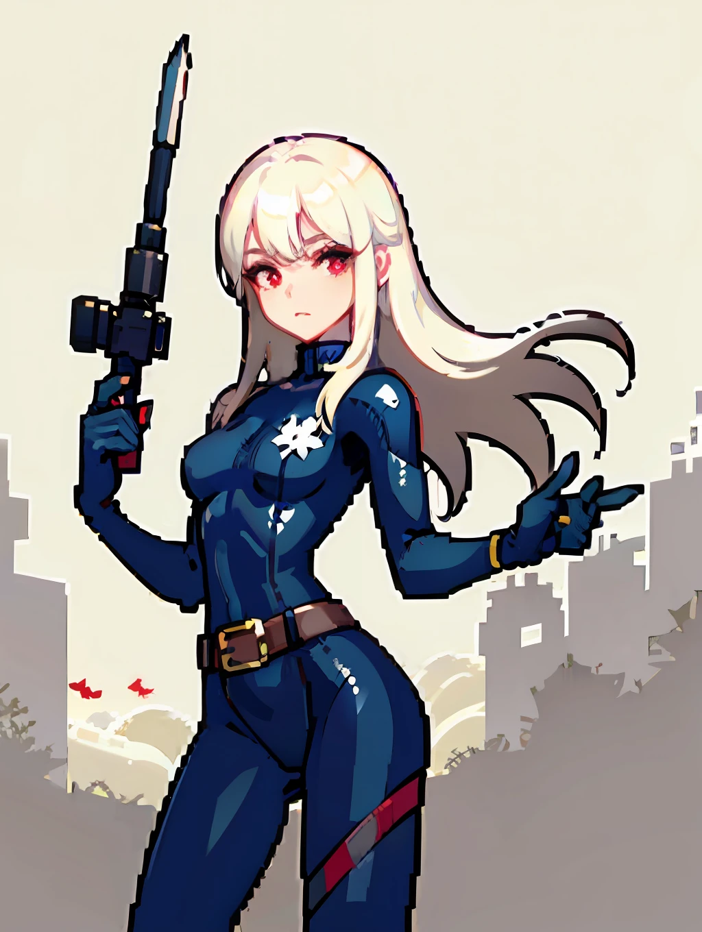 （masterpaintings，top Quority，optimal quality），pixels，cohesive background,masterpiece,(bestquality),highlydetailed,ultra-detailed,pale,red eyes,white hair:1, long hair,hair rings,sniper rifle,black bodysuit,medium bust,high and cold expression, belt wrapping, dagger decoration,