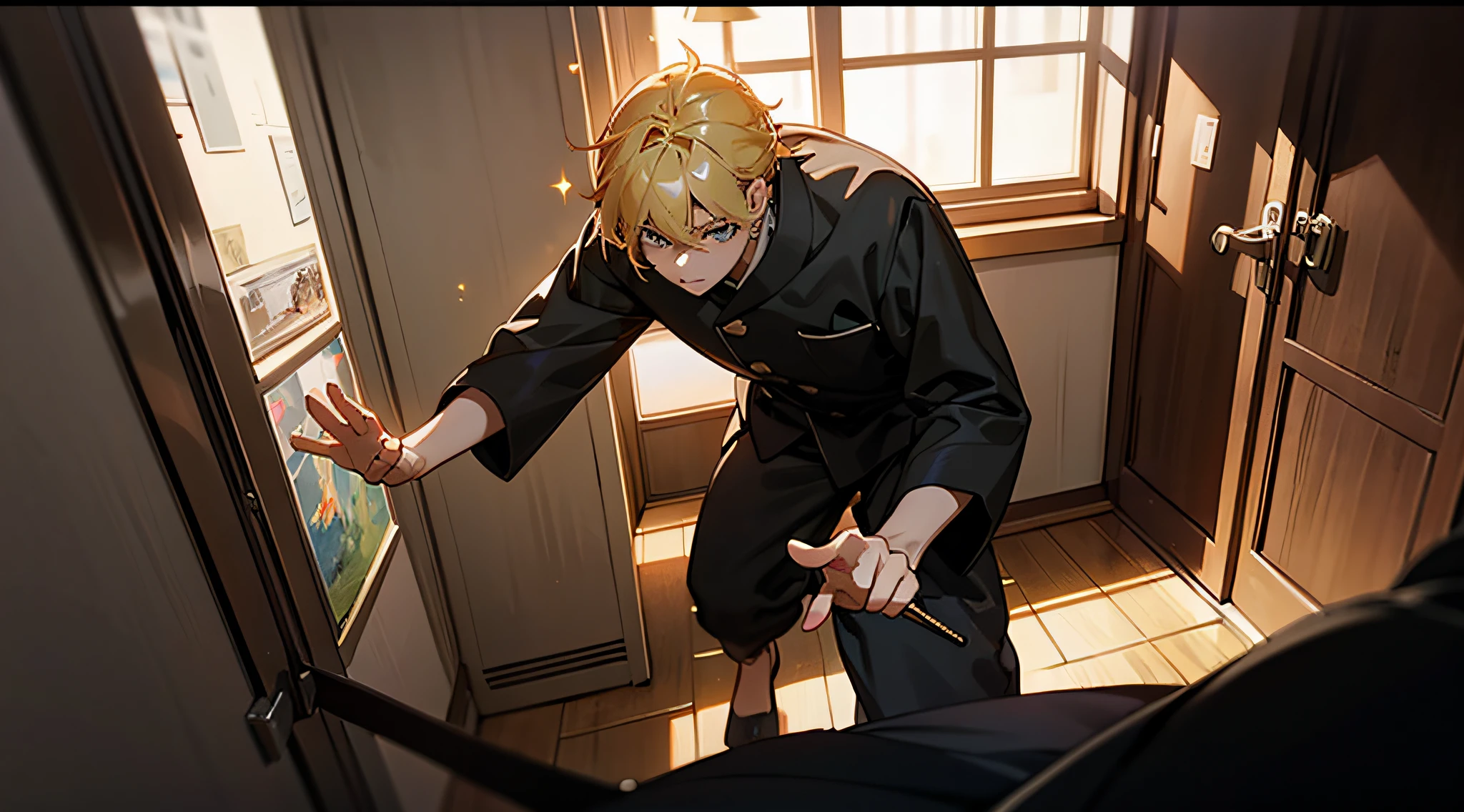 High Picture Quality,dark,glitters,Boys in action,Black pajamas,Comfortable texture,Warm lighting,The screen moves behind the bedroom door。 --auto