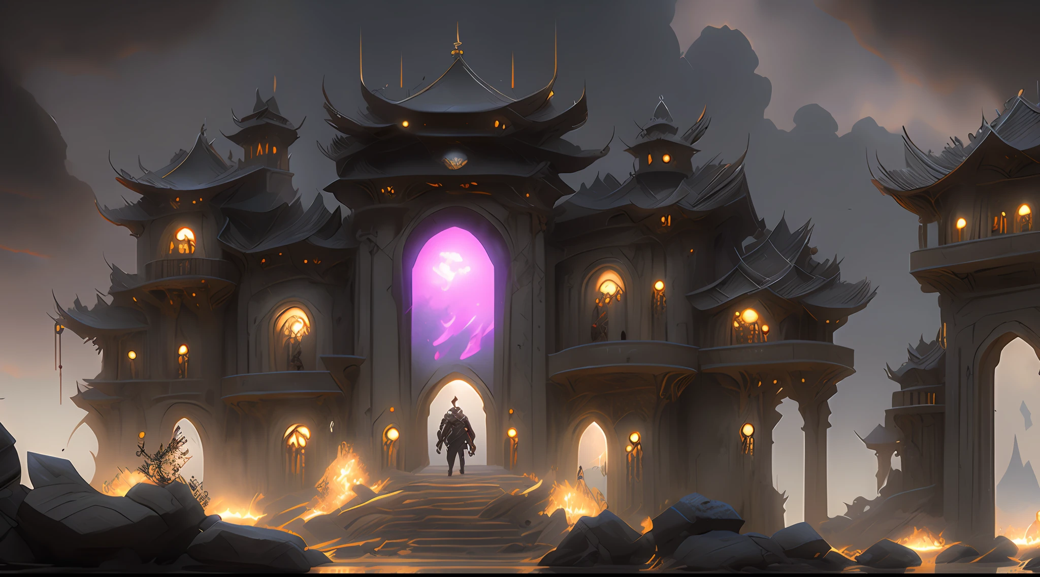 game original painting，Game scene design，Look up，a painting of a large building with a fire in the middle, by Yang J, G Liulian art style, world of warcraft art style, author：Qu Leilei, cyberpunk chinese ancient castle, By Li Song, world of warcraft concept art, author：Song Xu, andreas rocha style, author：Ju Chao, author：Song Maojin, chengwei pan on artstation，A palace in the mountains，High gate building，Long steps，Kenso，（（Big perspective）），Majesty，stately，（（Strong impact）），Wind and clouds，Three Kingdoms Kill