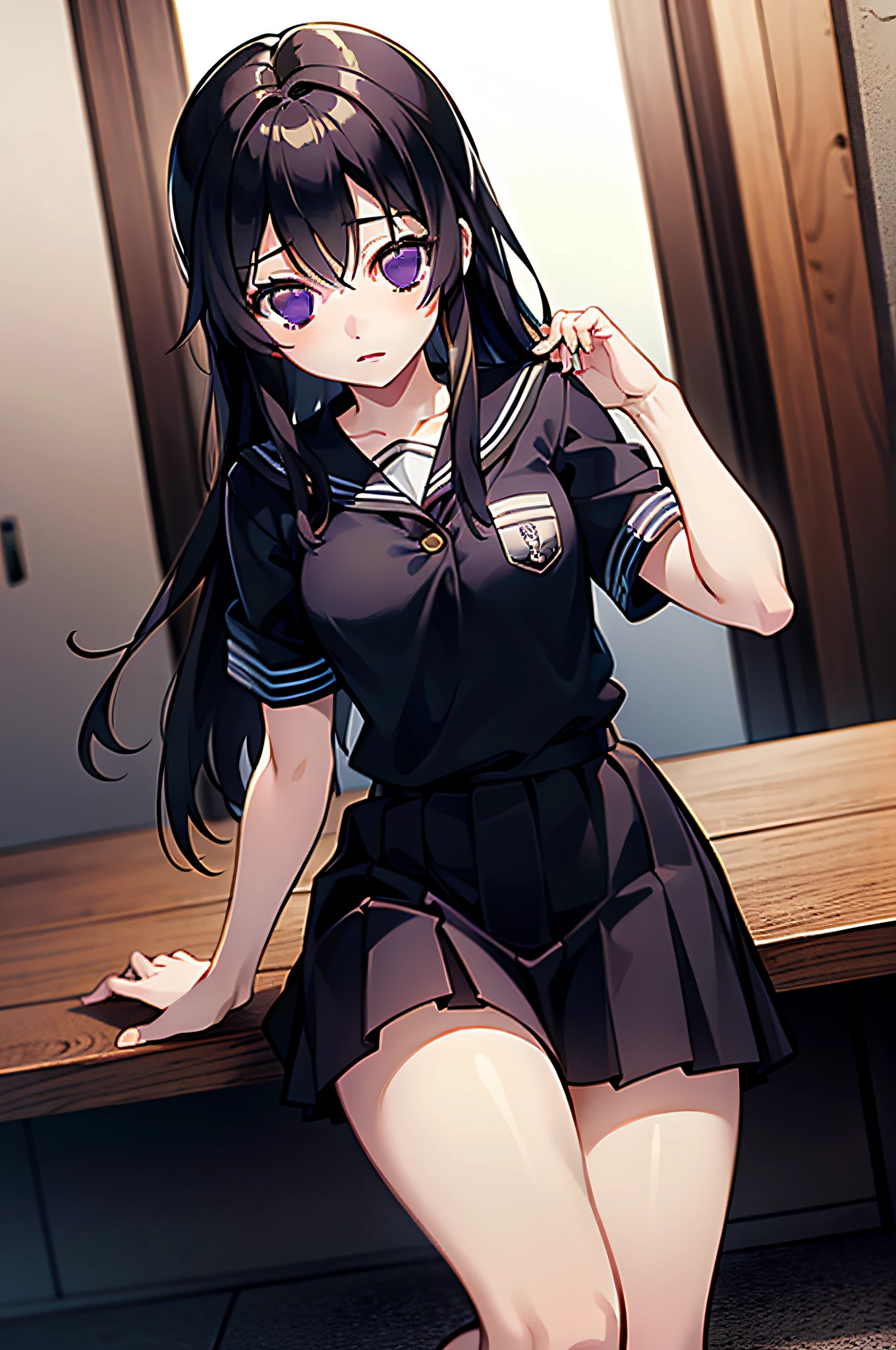 巨作, Best quality, 巨作,Best quality,offcial art,Extremely detailed CG unity 8k wallpaper, artbook, girl, Long hair, Black hair,, see viewer, Purple eyes, Small breasts,Black serafuku, Expressionless