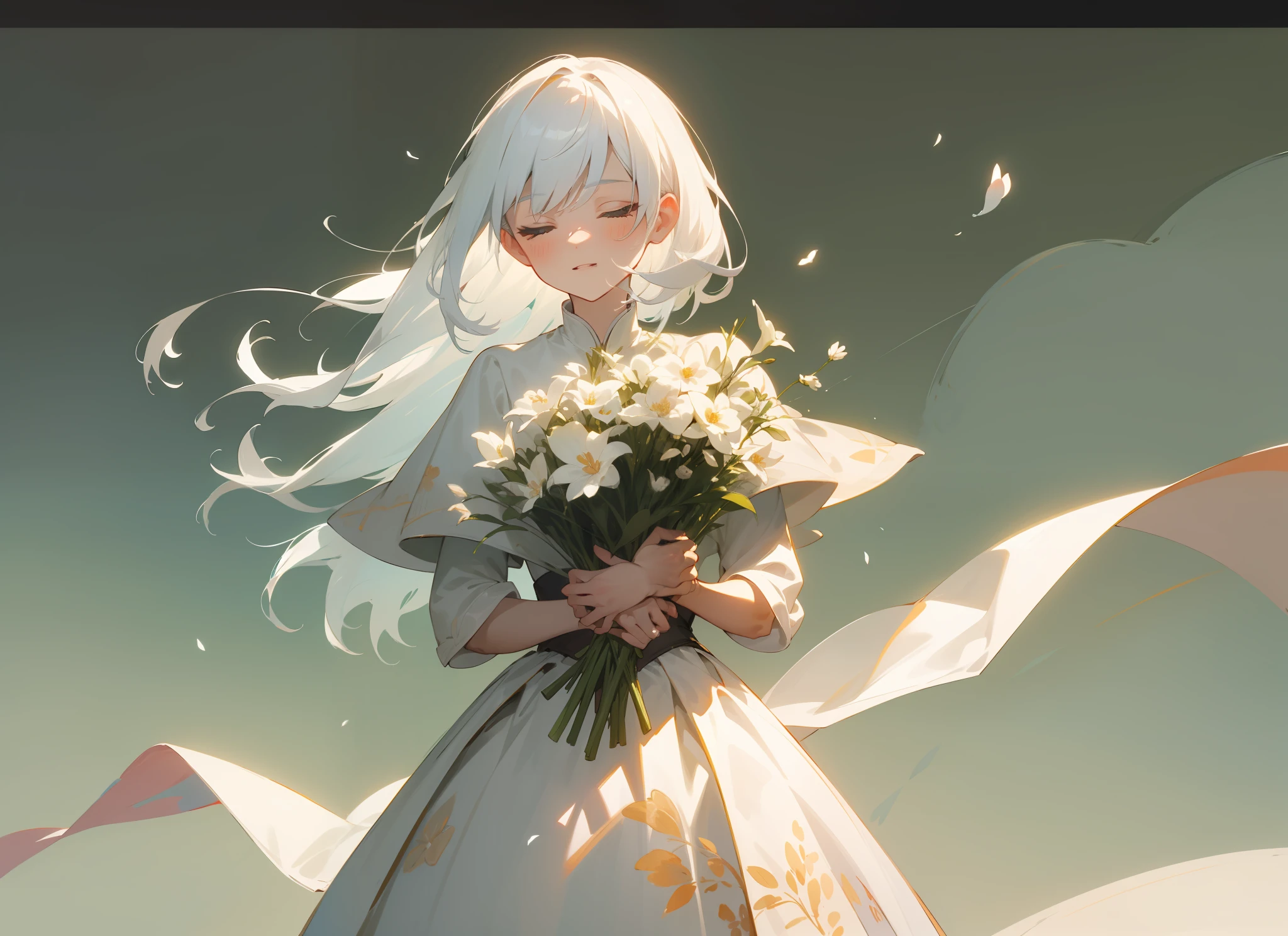 styled， masterpaintings， optimal quality， Special details， illustration，Sweet interaction，Tuuli，florals，Correct proportions，Lover holding flowers，Atmosphere of love，Fresh tones，Simple background，Girls have long white hair，The boy has short white hair，