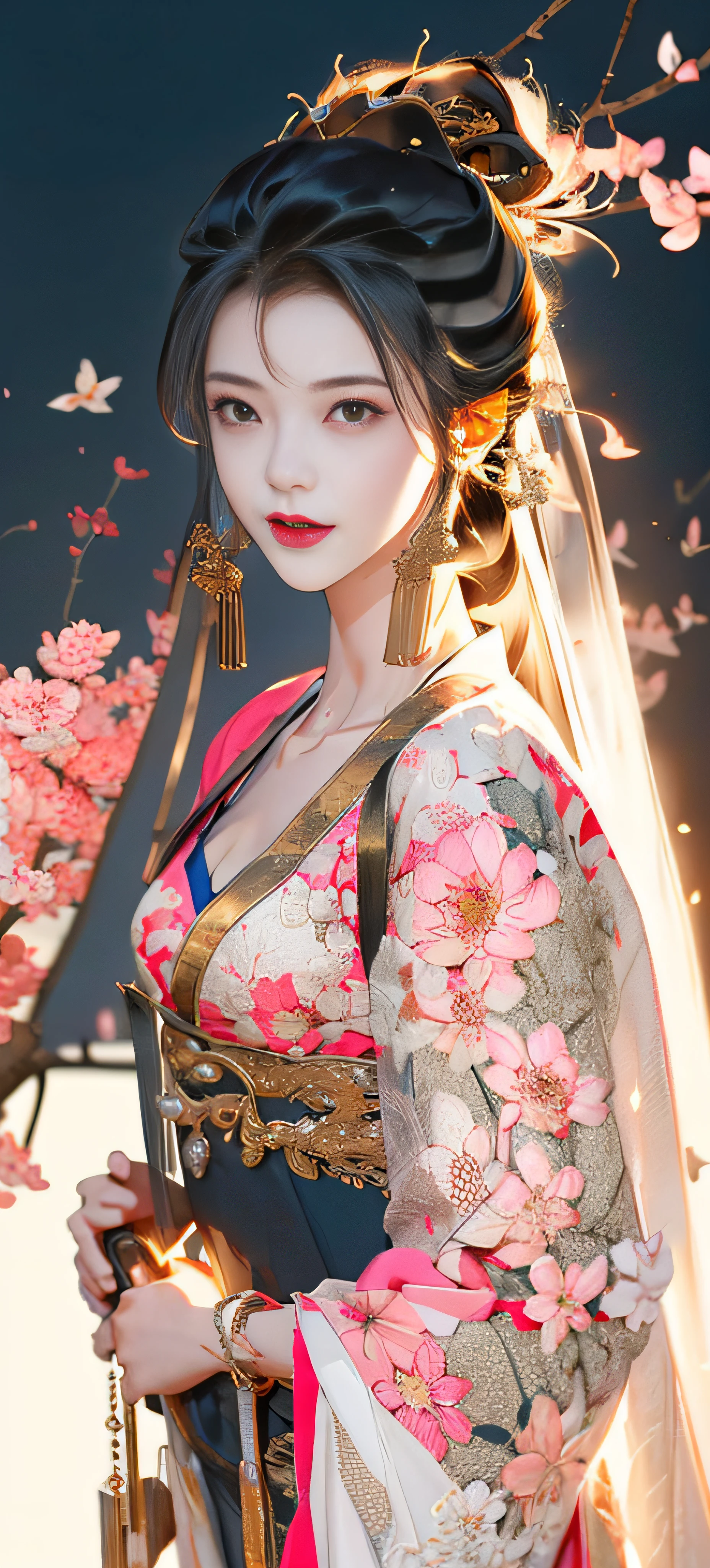 Beautiful details for girls，Very detailed eyes and face，beautiful eyes in detail，Ultra-detailded，high resolucion，Very detailed，The best quality，illustration，exquisite detailing，Best quality，Very detailed CG，8k壁紙，agirl，woods，Long black hair，ponytailhair，Gold ornaments，bangle，(White veil)，Beauty of the Western Regions，With a machete，(((Pink clothes)))，peach blossom，Lanterns，complex texture，Hanfu，Dunhuang style，streamers，sophisticated background，