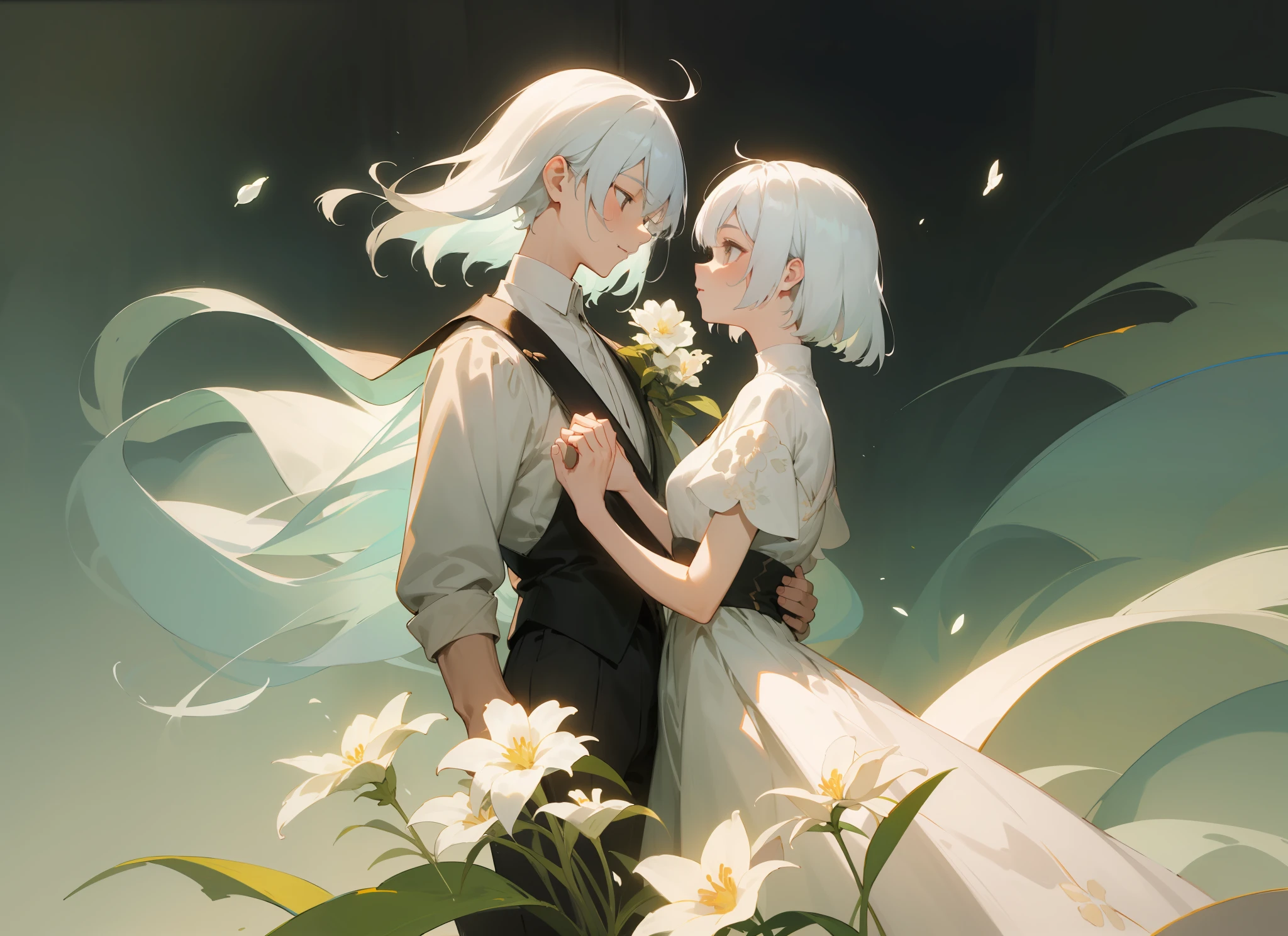 styled, masterpaintings, optimal quality, Special details, illustration,Sweet interaction,Tuuli,florals,Correct proportions,Lover holding flowers,Atmosphere of love,Fresh tones,Simple background,Girls have long white hair,The boy has short white hair,