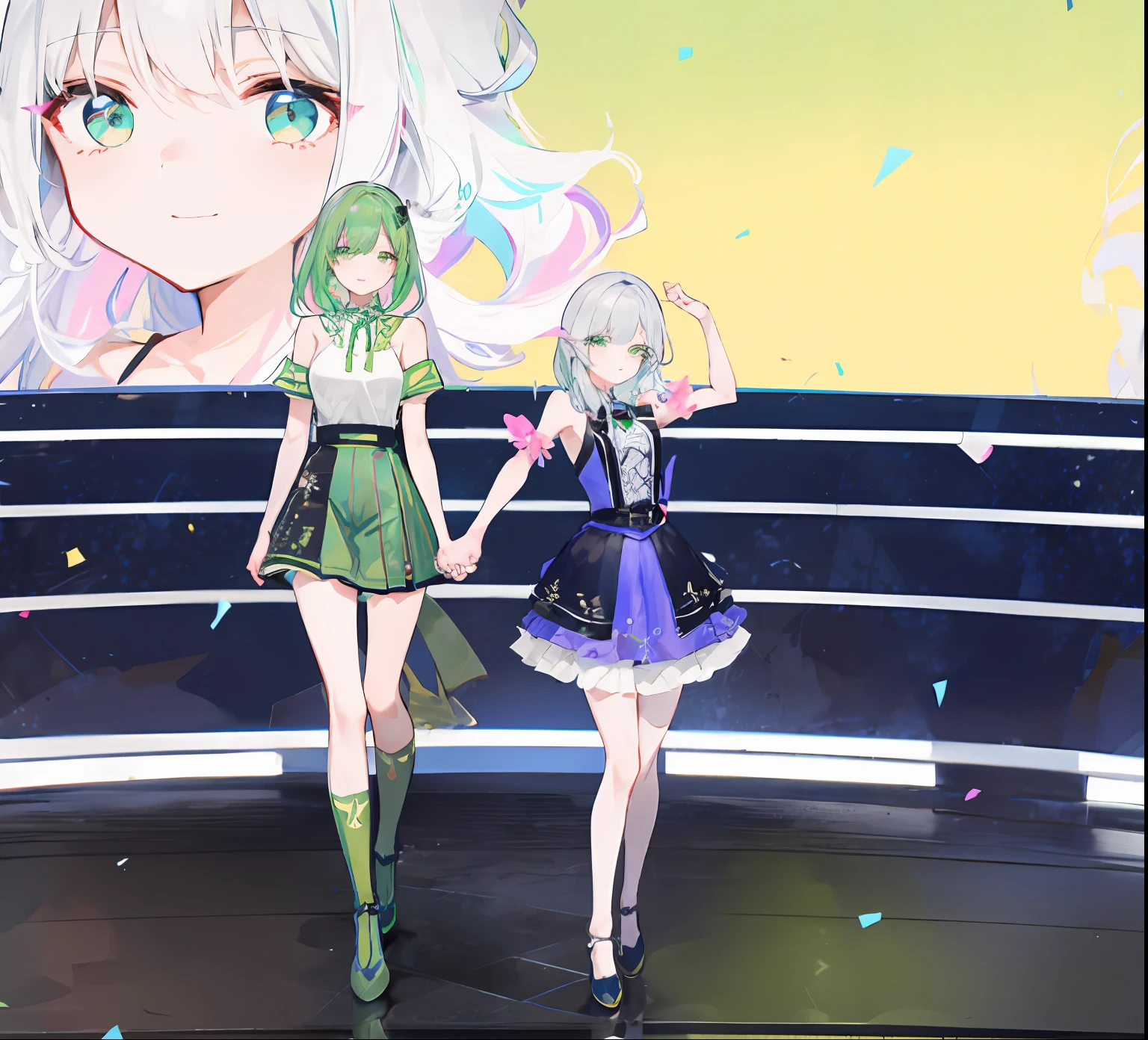 idols， girls，take hand，Duo combo，Green hair，white color hair