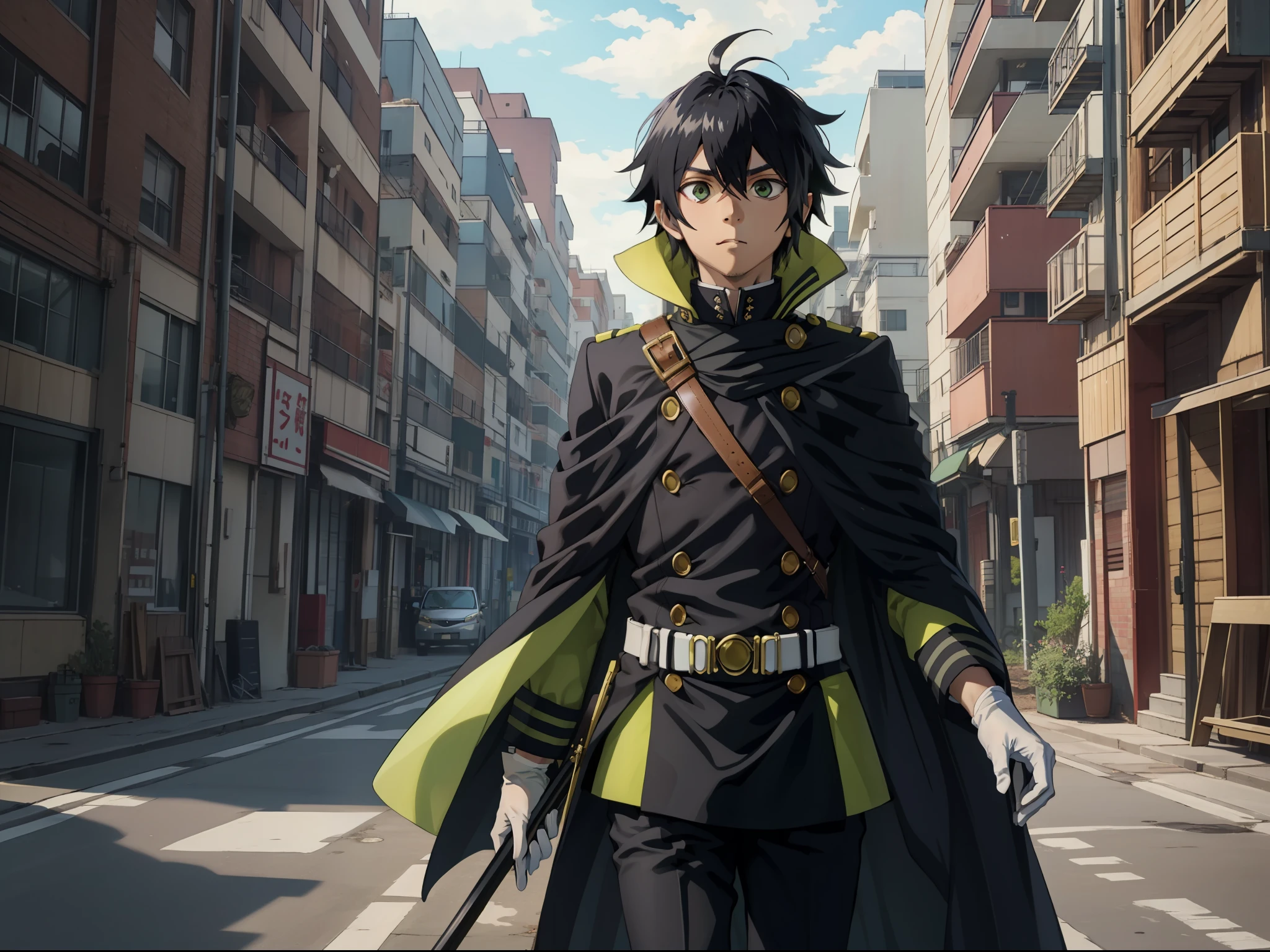 (巨作:1.4), (Best quality:1.2),  Yuichiro Hyakuya, 1 man, Black hair, military clothes, White gloves