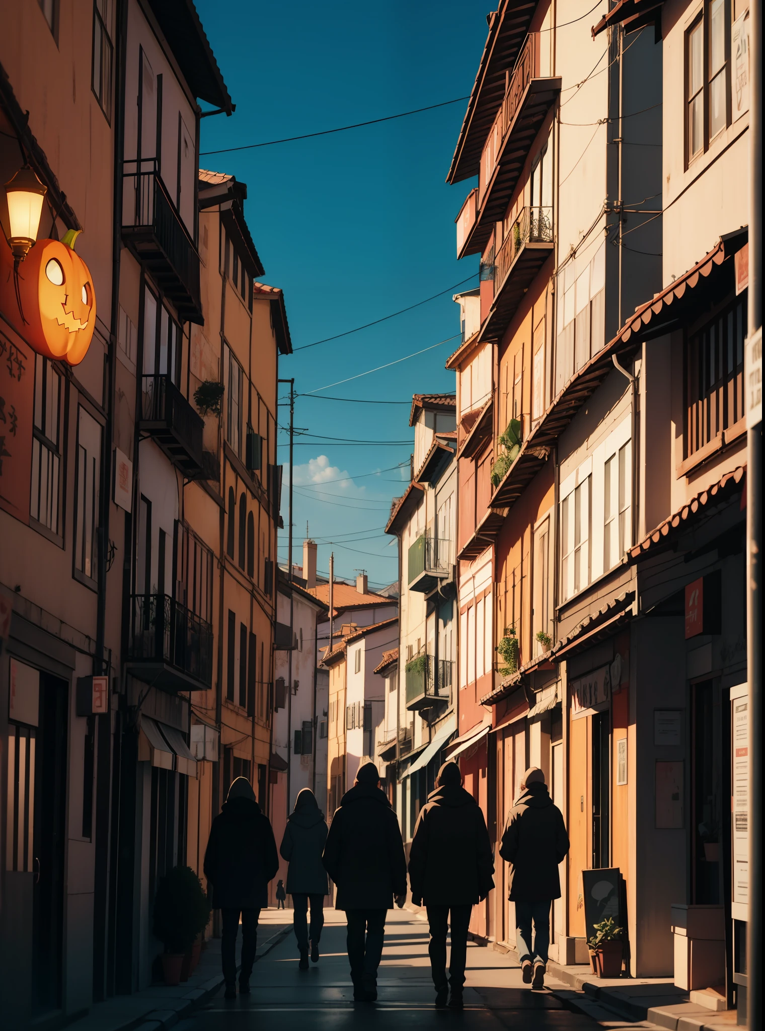 Cidade europeia situada em Portugal, com muitos detalhes de Portugal em si com uma mistura Cyberpunk city from the science fiction film, rua cheia, bem a noite, Chinoiserie Buildings, ponte, loja antiga, irregular, luzes coloridas da cor azul, marinho, laranja e vermelho saindo de iluminarias e postes de luz. Pumpkin heads around town, placas de circuito, fios, intrincado, super detalhado, realista, cachorros pela rua, estrutura europeia (( Portugal)) alta qualidade, melhor, super detalhe, detalhe maluco, muito detalhado, fotorrealista, Epic composition, melhor qualidade, 32k --v,