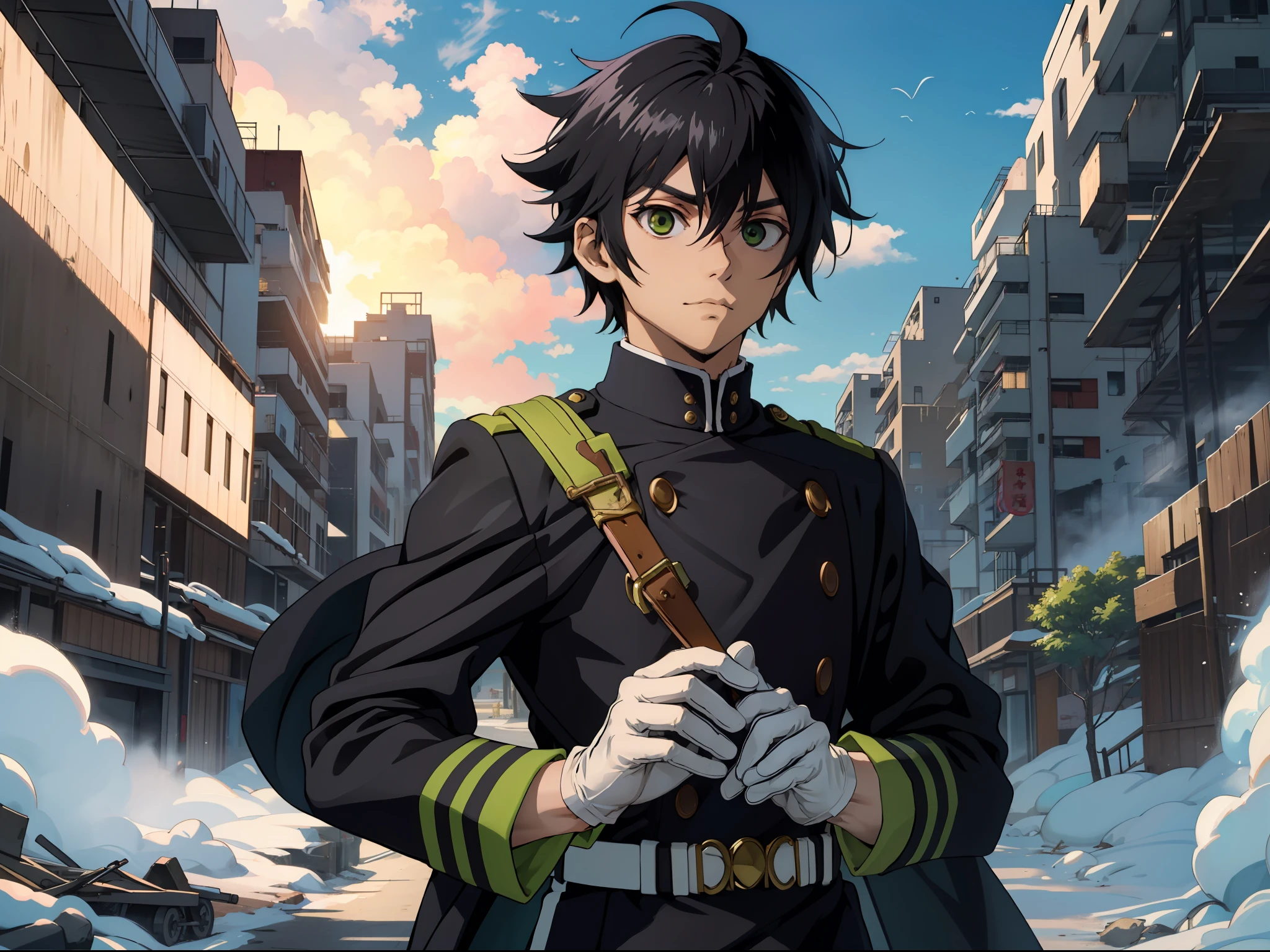 (巨作:1.4), (Best quality:1.2),  Yuichiro Hyakuya, 1 man, Black hair, military clothes, White gloves