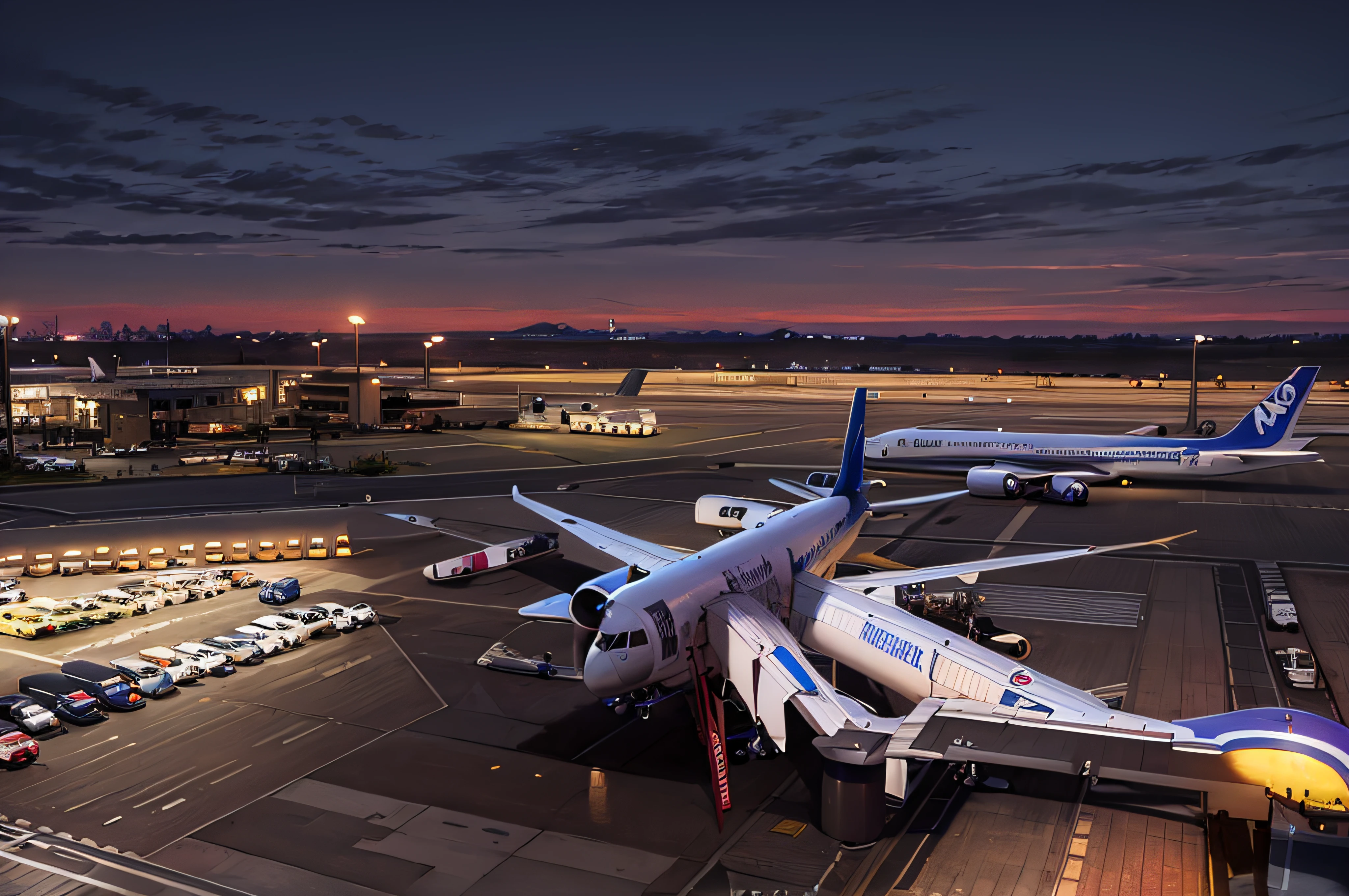 there are two airplanes parked at the airport at night, night setting, superwide shot, blue hour lighting, at sunrise, Wide View, terminal, a wide shot, photo taken at night, At dusk!, widescreen shot, 3 / 4 extra - wide shot, postprocessed, taken in the night, airport, set at night, wide wide shot, in the night time