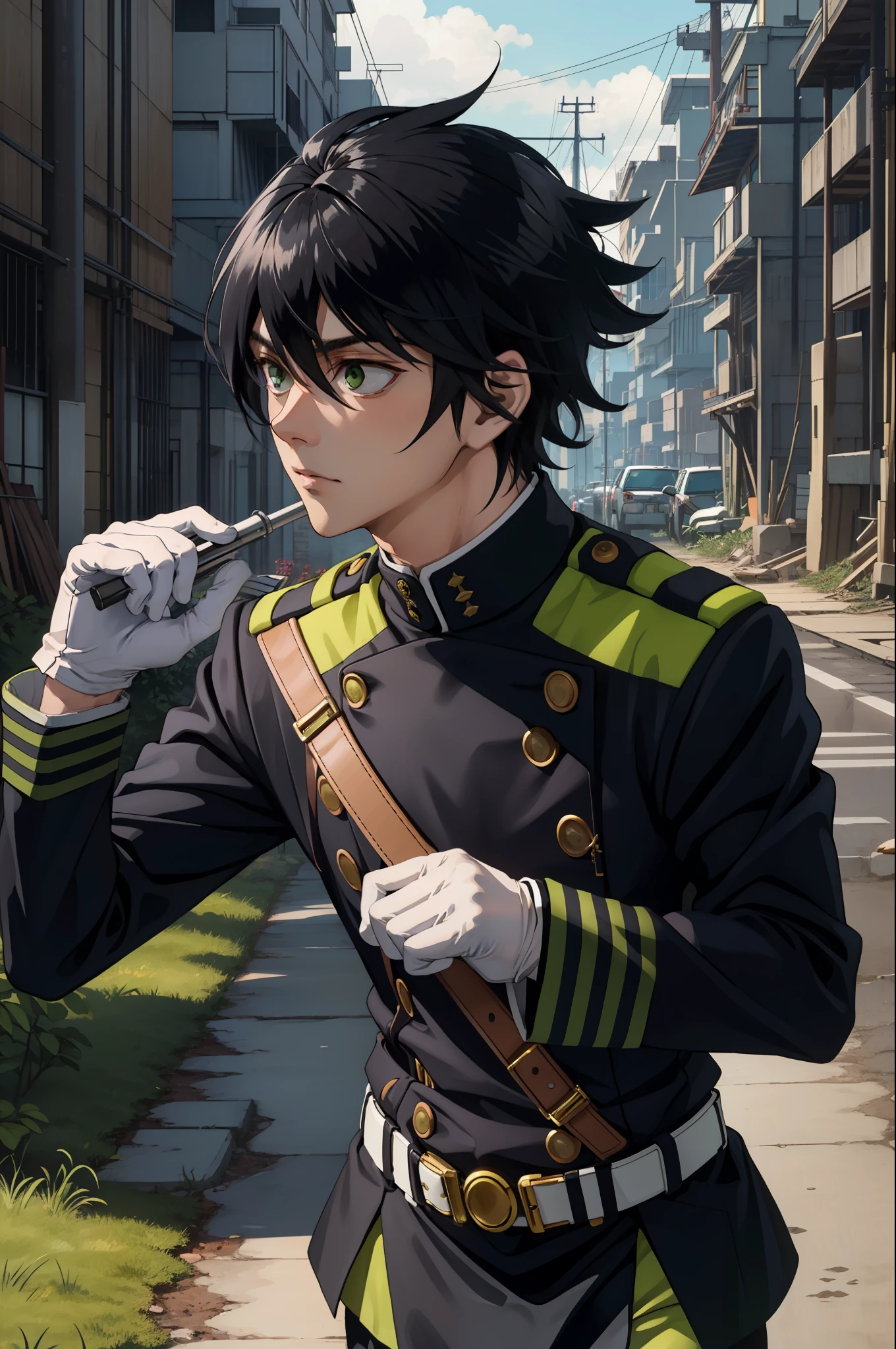 (巨作:1.4), (Best quality:1.2),  Yuichiro Hyakuya, 1 man, Black hair, military clothes, White gloves