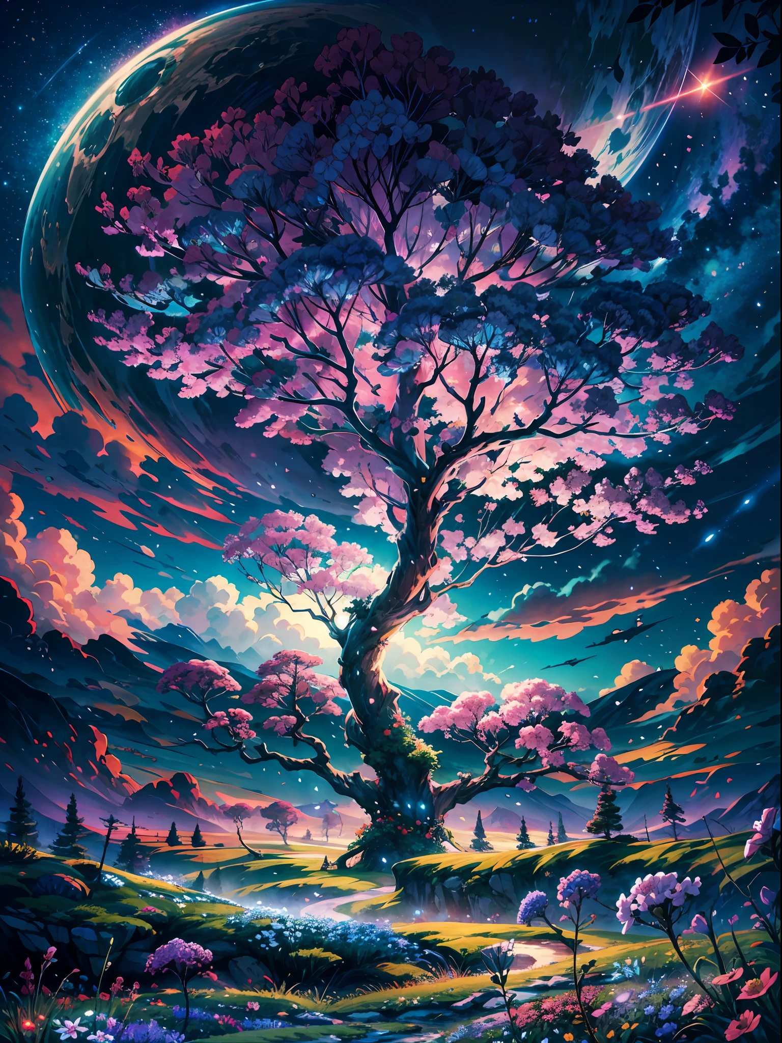 The image portrays a breathtaking, otherworldly landscape, set in a fantasy atmosphere of wonder and magic BREAK ,at the center of the image stands an awe-inspiring world tree, towering high into the clouds and reaching towards the heavens,Its trunk is massive and gnarled, with branches that stretch out in all directions, adorned with leaves and flowers that shimmer with a radiant glow.
BREAK
The surrounding environment is equally captivating, with rolling hills and lush forests that extend as far as the eye can see. The sky is a vibrant blend of purples, pinks, and blues, with wispy clouds that seem to dance around the tree's branches and leaves
BREAK
The colors used in the image are rich and vibrant, with a dazzling array of hues that create a sense of depth and dimension. The details of the tree and its surroundings are intricate and finely crafted, capturing the essence of a truly mystical and magical world