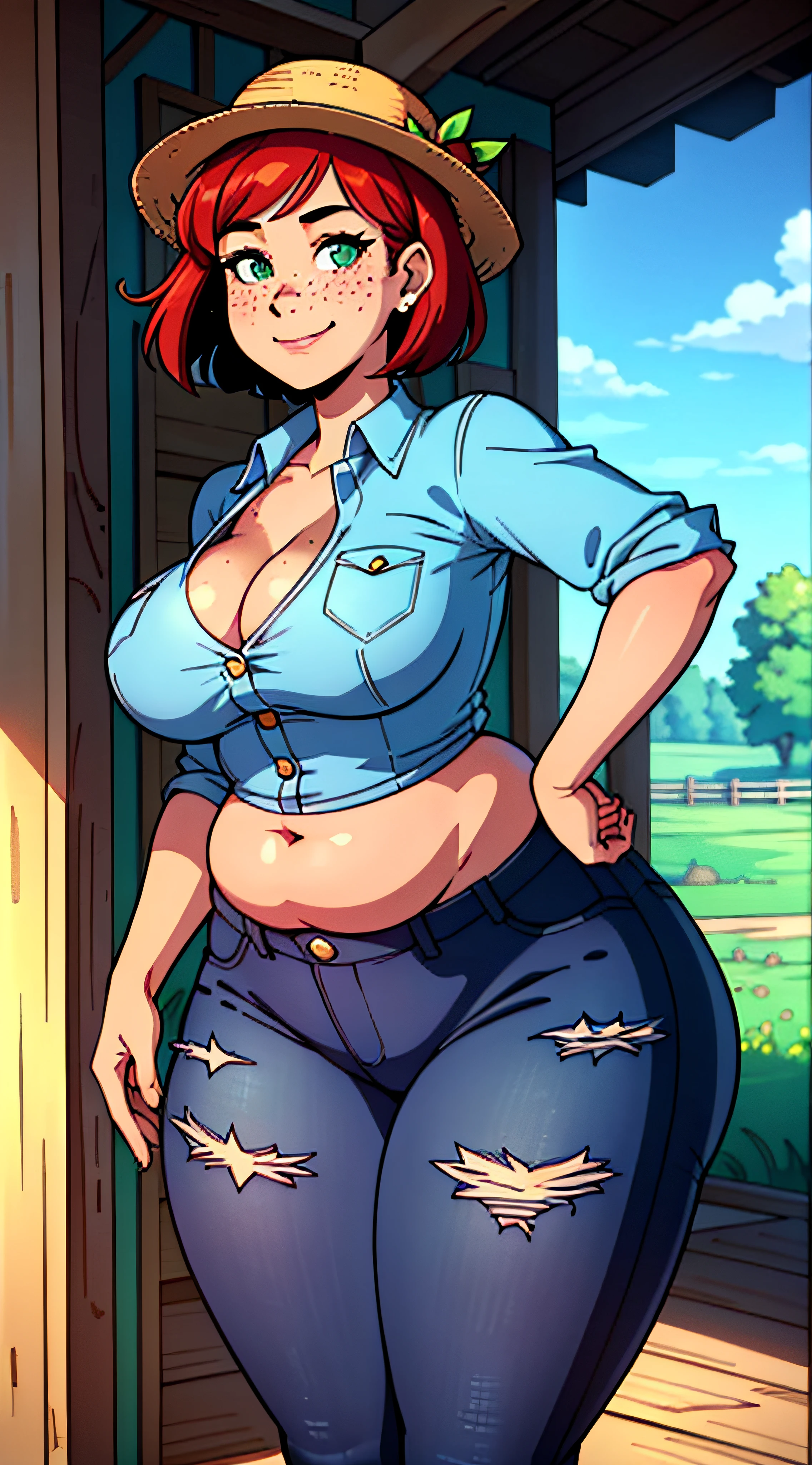 Masterpiece, high quality, best quality, beautiful, HD, perfect lighting, detailed face, ultra cute face, detailed body, ((1girl)), ((solo)), red hair, short hair, bob cut, bangs, freckles, green eyes, plaid button up shirt, jeans, leather boots, straw hat, looking at viewer, seductive smile, (blush), affectionate, flirting, medium breasts, cleavage, perky breasts, ((thicc)), (((pudgy))), pudgy tummy, belly overhang, belly rolls, she has a jiggly fat belly, ((((wide hips)))), (((((thick thighs))))), she has a fat ass, ((tight jeans)), barn in the background, big open sky, farm land, daytime, sunny, farm girl, hand on hip,