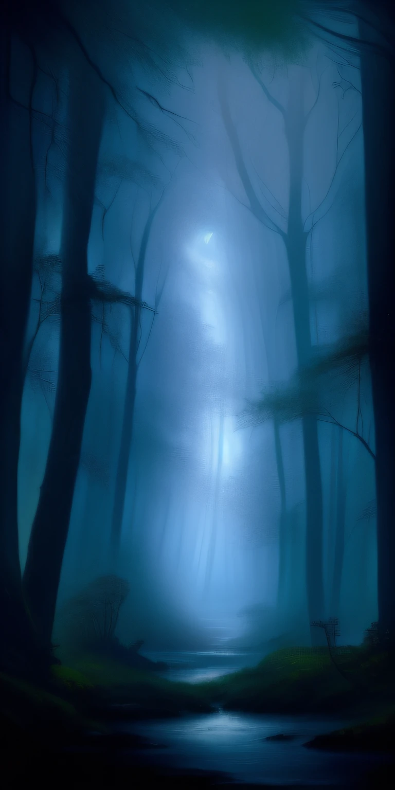 there is a painting of a forest with a stream of water, Anime background art, moonlit forest environment, League of Legends concept art, environment concept art, Anime landscape concept art, concept art of a dark forest, background artwork, concept art stunning atmosphere, concept art magical highlight, magical forest backround, environment concept art, Blue Forest, magical concept art, vast forest