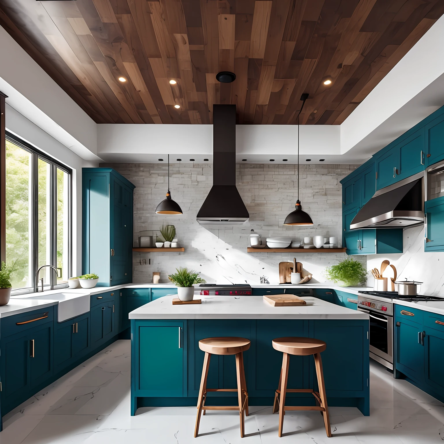 Ultra-luxury kitchen, Cool and modern atmosphere, Industrial Design Kitchen, Metal material, Red lighting, Blue lighting, Historic stone walls, Hi-Def, Brighter, Green plants, Plenty of ceiling-wide space, Stylish cockpit, High-end home appliances, Clean monochrome color --auto