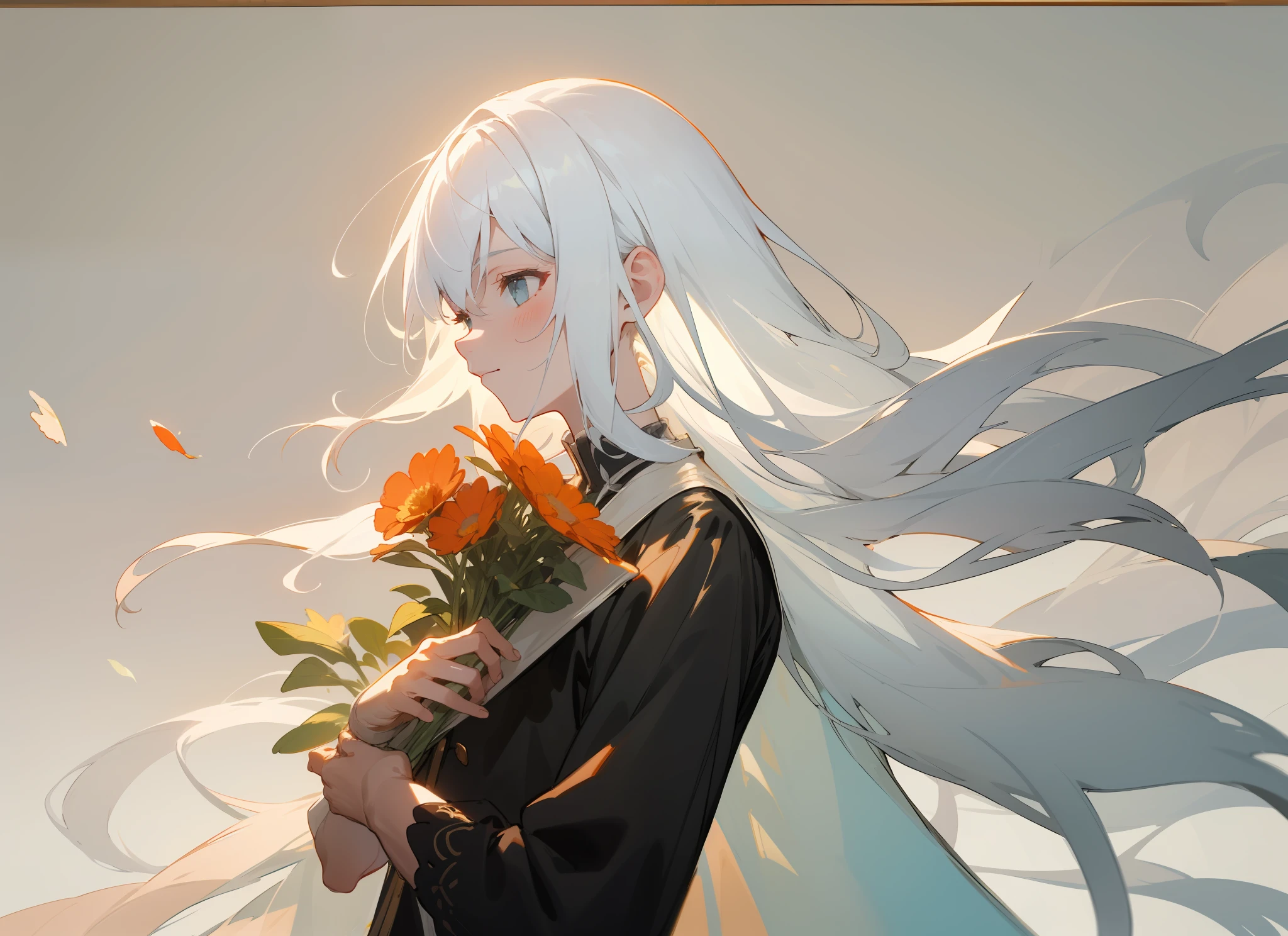 styled, masterpaintings, optimal quality, Special details, illustration,Sweet interaction,Tuuli,florals,Correct proportions,Lover holding flowers,Atmosphere of love,Fresh tones,Simple background,Girls have long white hair,The boy has short white hair,