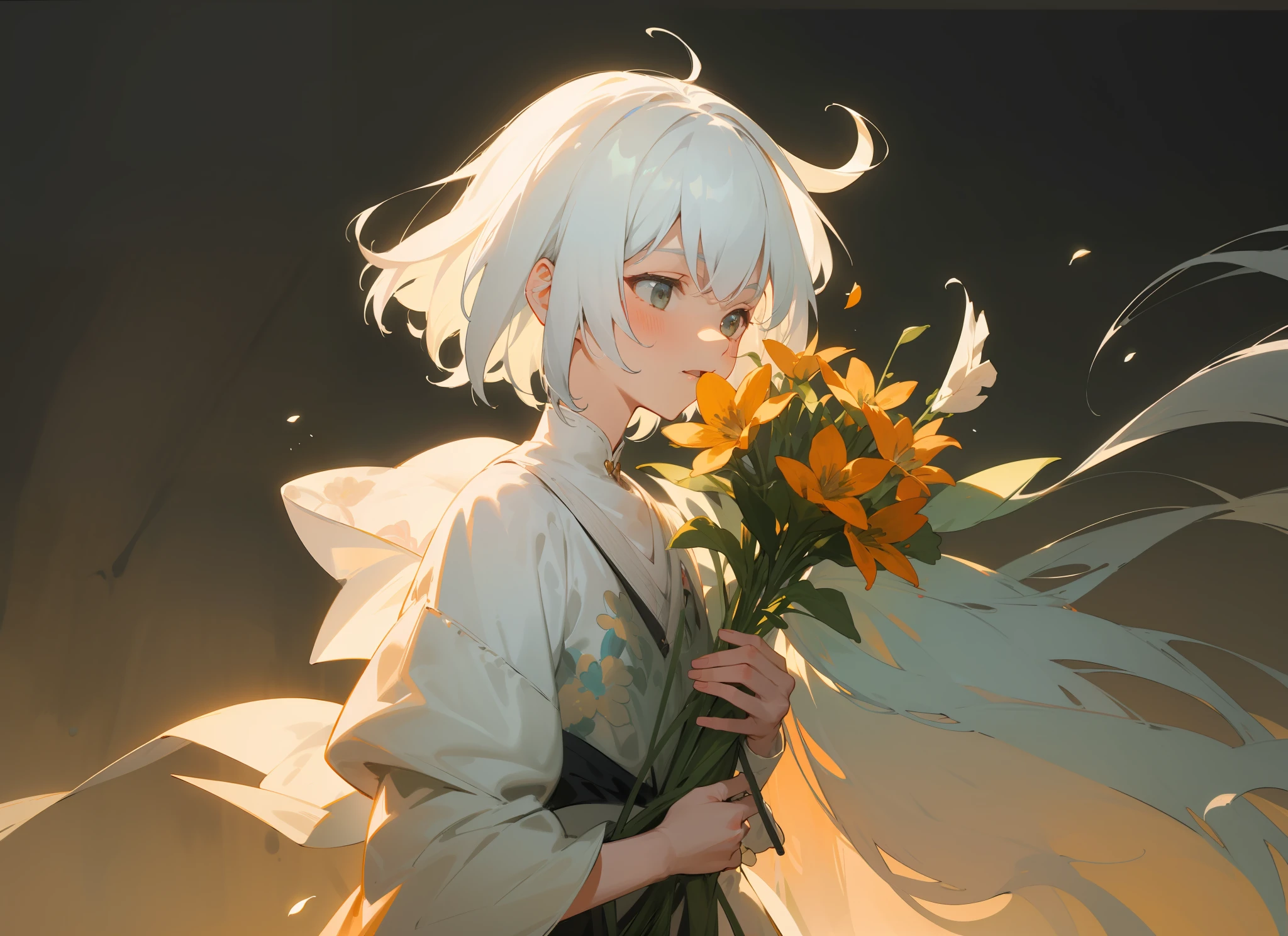 styled， masterpaintings， optimal quality， Special details， illustration，Sweet interaction，Tuuli，florals，Correct proportions，Lover holding flowers，Atmosphere of love，Fresh tones，Simple background，Girls have long white hair，The boy has short white hair，