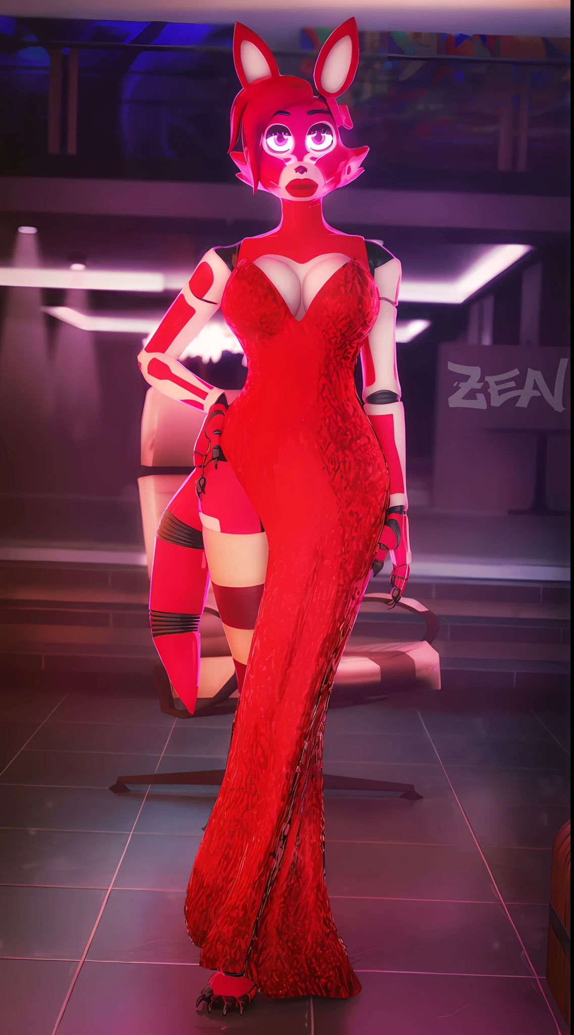 araffe in a red dress with a cat mask and a cat tail, Zenkai de cuerpo completo! Traje de Asuka, red biomechanical dress, Vestido cyberpunk, Hermosa Asuka de Evangelion, crimson attire, vestido rojo, Traje Leeloo, Tracer en un vestido ajustado, Renderizado en SFM, Geisha cyberpunk, 2b, 2 b desnuda