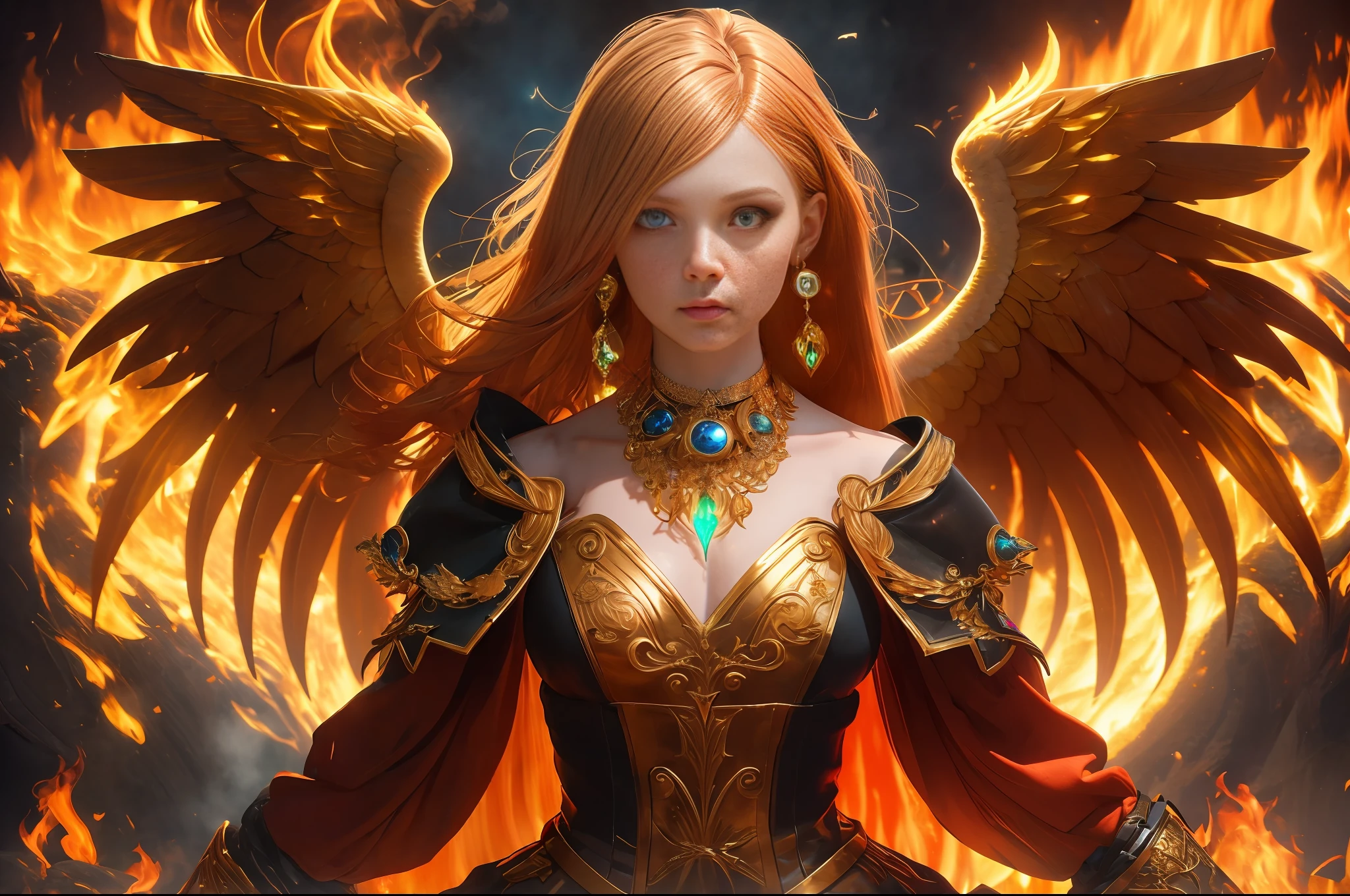(Best quality),(masterpiece),(ultra detailed),(high detailed),(extremely detailed),redhead girl wearing gold jewelry, angel dress, magical, angeline, handsome, symmetrical, seen through rotten skin, clear clean face, glowing eyes, smoke and flames, blonde hair, long hair, full body, firey fire and brimstone themed, intricate details, hyperrealistic, octane render, very colorful, hypermaximalist, beautiful, elegant, cyberpunk, dramatic lighting, highly detailed, epic composition, golden ratio, CryEngine render, 8k