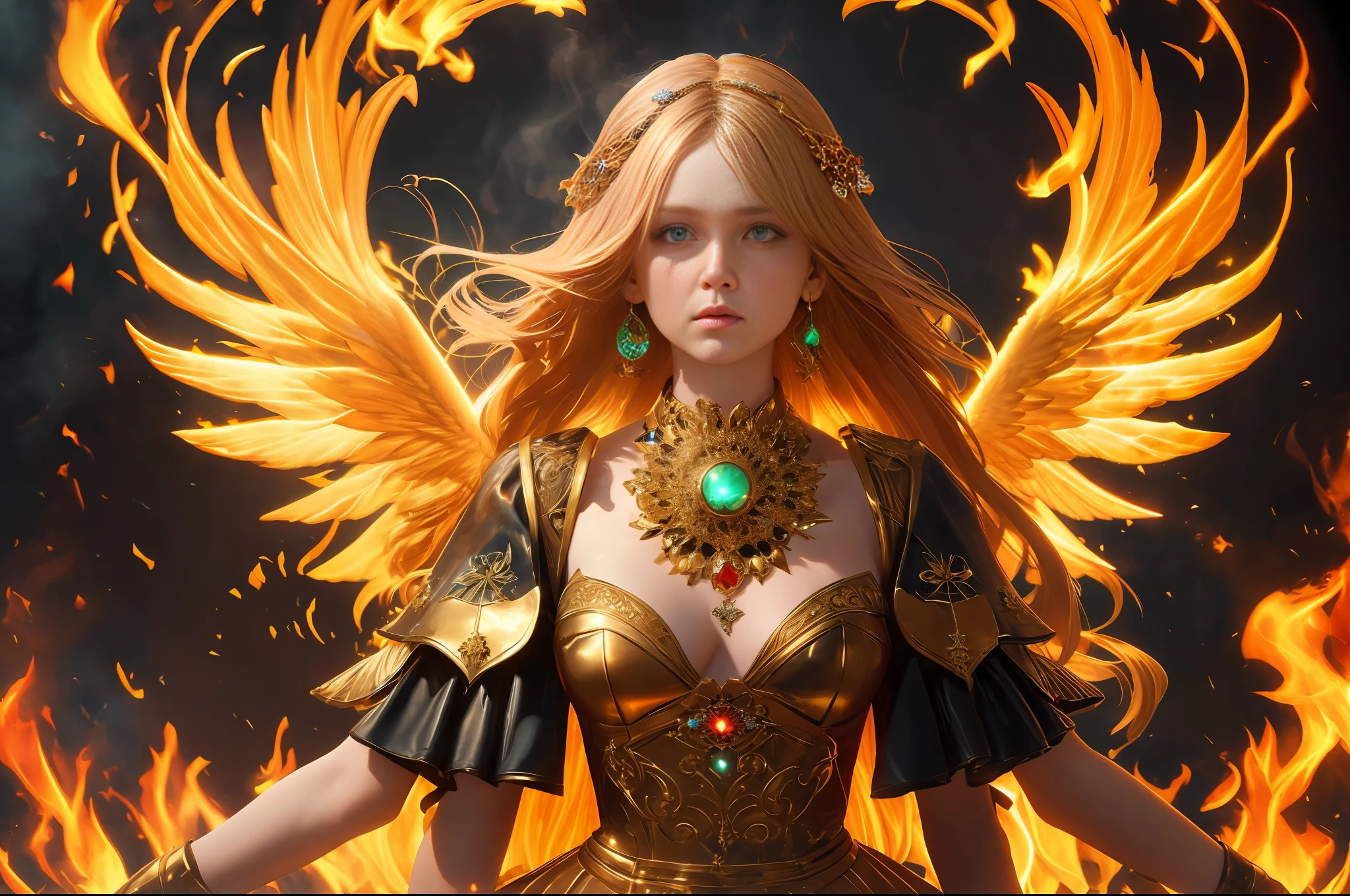 (Best quality),(masterpiece),(ultra detailed),(high detailed),(extremely detailed),redhead girl wearing gold jewelry, angel dress, magical, angeline, handsome, symmetrical, seen through rotten skin, clear clean face, glowing eyes, smoke and flames, blonde hair, long hair, full body, firey fire and brimstone themed, intricate details, hyperrealistic, octane render, very colorful, hypermaximalist, beautiful, elegant, cyberpunk, dramatic lighting, highly detailed, epic composition, golden ratio, CryEngine render, 8k