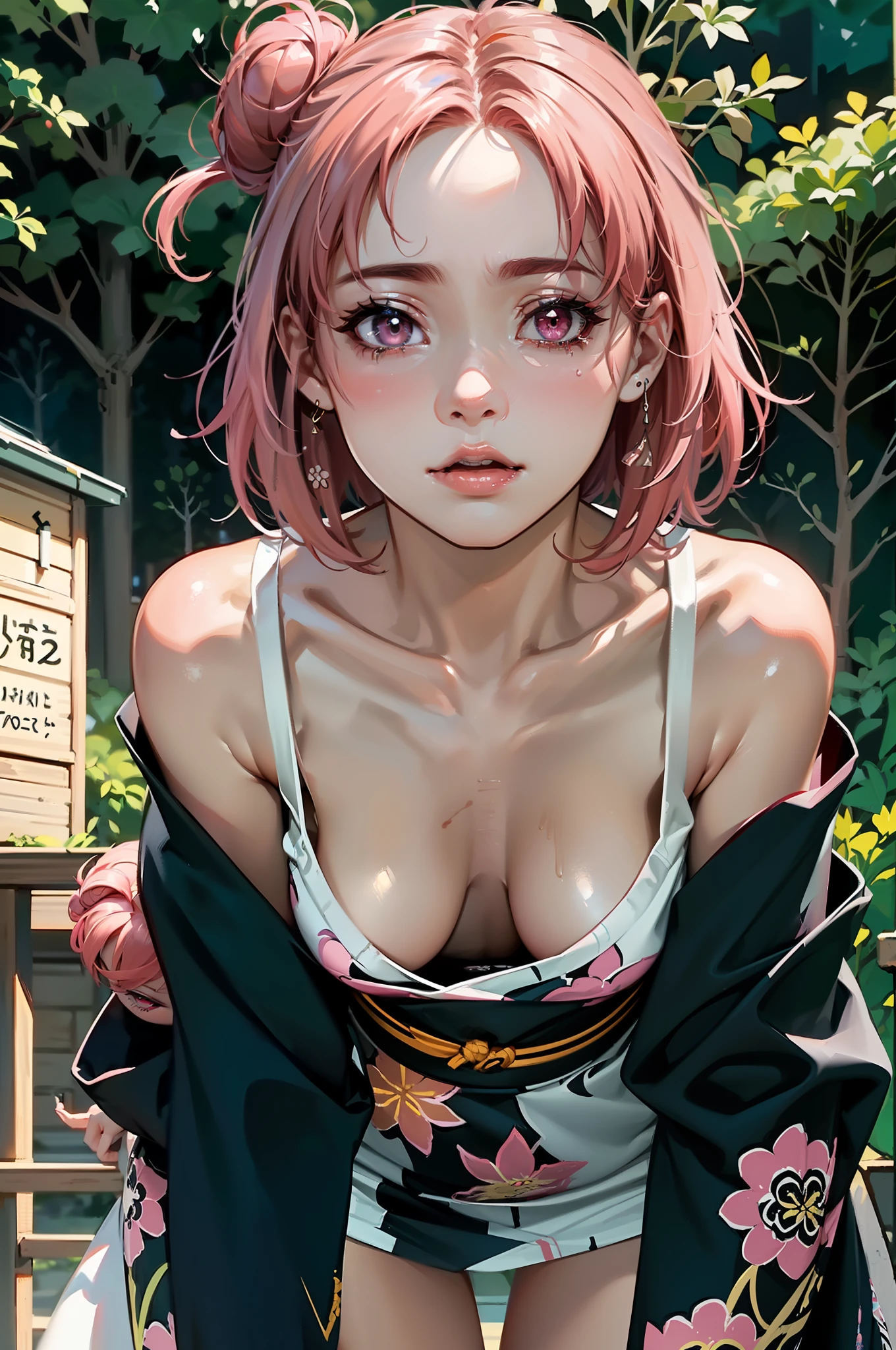 shukezouma, octane render, hdr, (hyperdetailed:1.15), (soft light, sharp:1.2), 1girl, beautiful girl, ultra detailed eyes, mature, plump, thick, painting drops, paint teardrops, woman made up from paint, entirely paint, splat, splash, long colored hair, kimono made from paint, (ultra detailed texture kimono:1.5), paint kimono, paint bulb, exposed cleavage, sexy, paint drops, outdoors, exposed shoulders, sakura trees, tears, sexy, shoulders visible, thighs exposed, semi naked, focus on face, beautiful face, eye shadow, (detailed skin:1.3), (make her yuigahama yui:1.5), ((masterpiece:1.2, best quality), 1girl, (make her yuigahama yui:1.5), smirk, slim, slender, green eyes, sharp eyes, big_breasts, leaning forward, facing viewer, from below, white shirt, pleated skirt, areola slip, down blouse, embarrassed, (ahegao:1.5), (short hair, pink hair, pink eyes, yui, single hair bun:1.5)