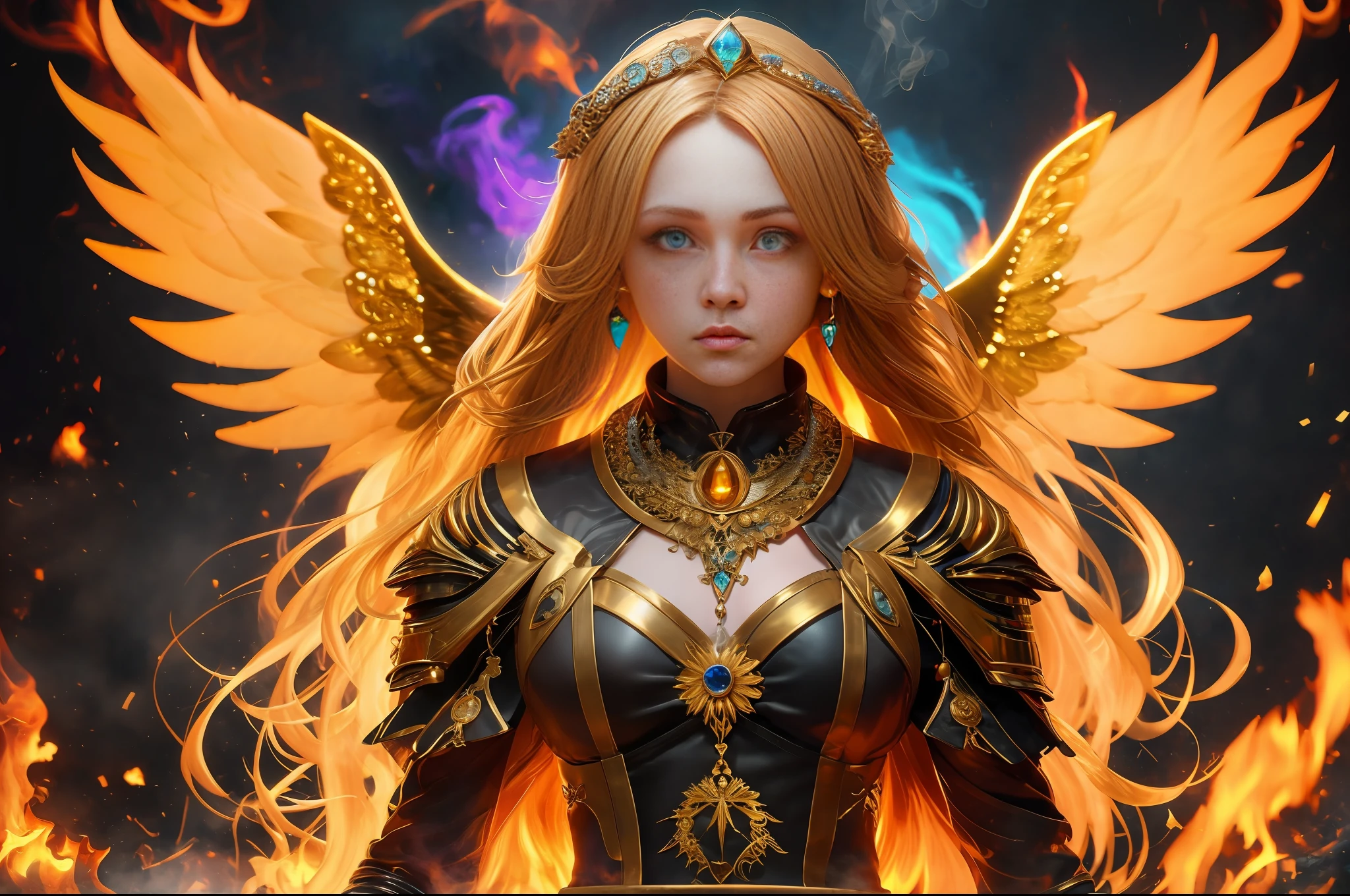 (Best quality),(masterpiece),(ultra detailed),(high detailed),(extremely detailed),redhead girl wearing gold jewelry, angel dress, magical, angeline, handsome, symmetrical, seen through rotten skin, clear clean face, glowing eyes, smoke and flames, blonde hair, long hair, full body, firey fire and brimstone themed, intricate details, hyperrealistic, octane render, very colorful, hypermaximalist, beautiful, elegant, cyberpunk, dramatic lighting, highly detailed, epic composition, golden ratio, CryEngine render, 8k