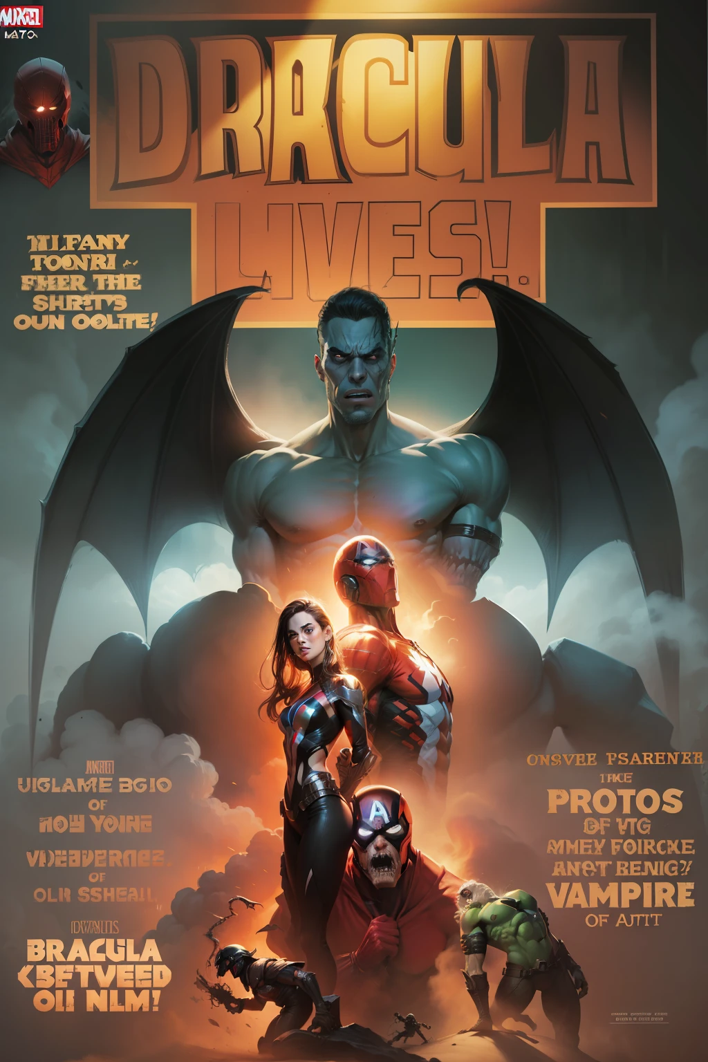 portada de comic Marvel, muchos personajes, poses dinamicas, terror, horror, espectacular, fantasy, Science-Fiction, --auto