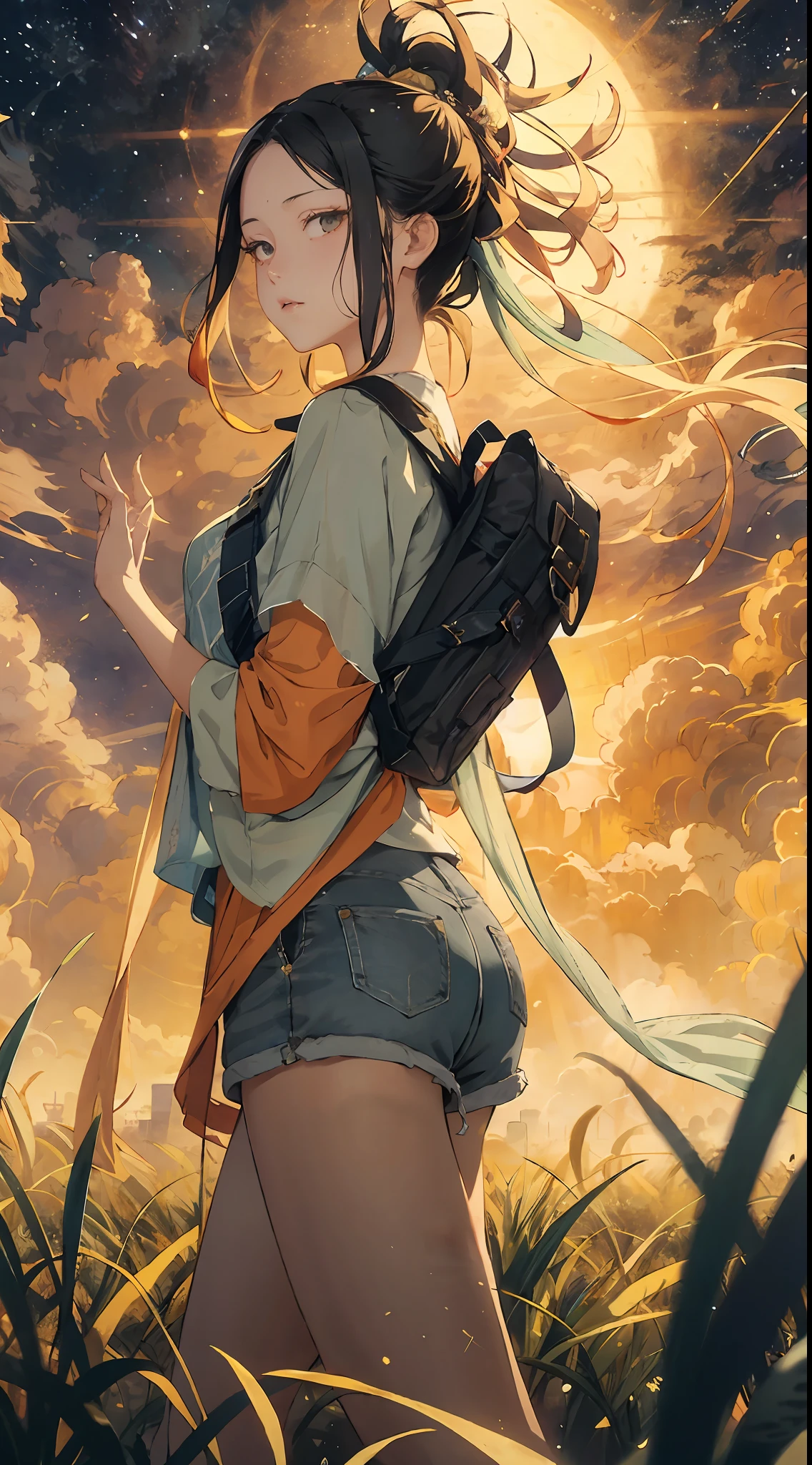 The vast sky, beautiful skyline, large grasslands, extremely tense and dramatic pictures, moving visual effects, the high-hanging Polaris, and colorful natural light. Long-sleeved top, denim shorts, and a girl with a backpack.