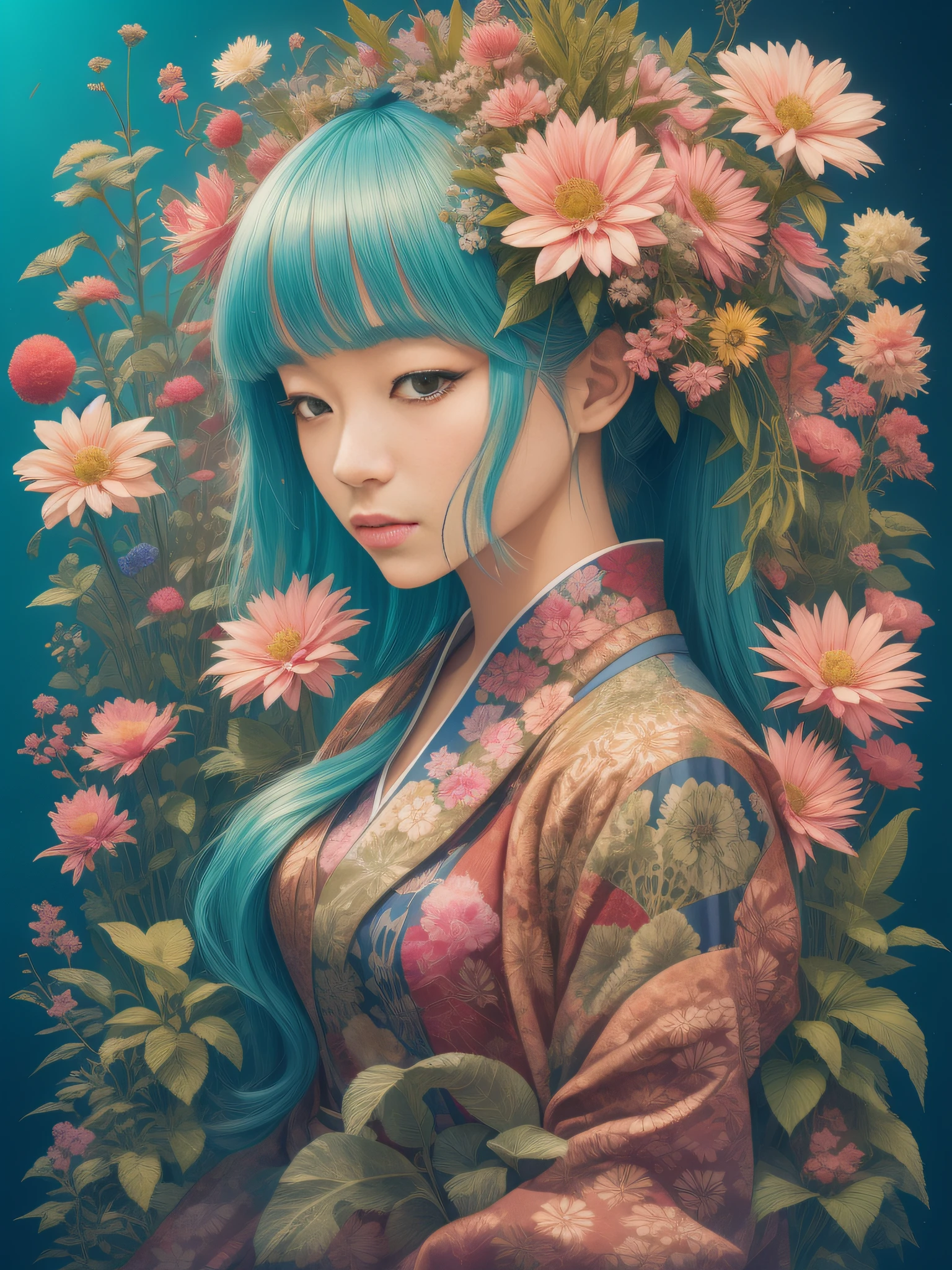a woman, with plants around it, style of kitsch aesthetic, exotic, high-angle, pastel-colored scenes, i can't believe how beautiful this is, japanese-influenced prints, botanical abundance, naomi okubo, kris knight, flowerpunk, sky-blue and pink, jean giraud, soft pastel, organic form , ray tracing, anaglyph, pov, anatomically correct, award winning, masterpiece --ar 3:4  --style raw 50 --s 2