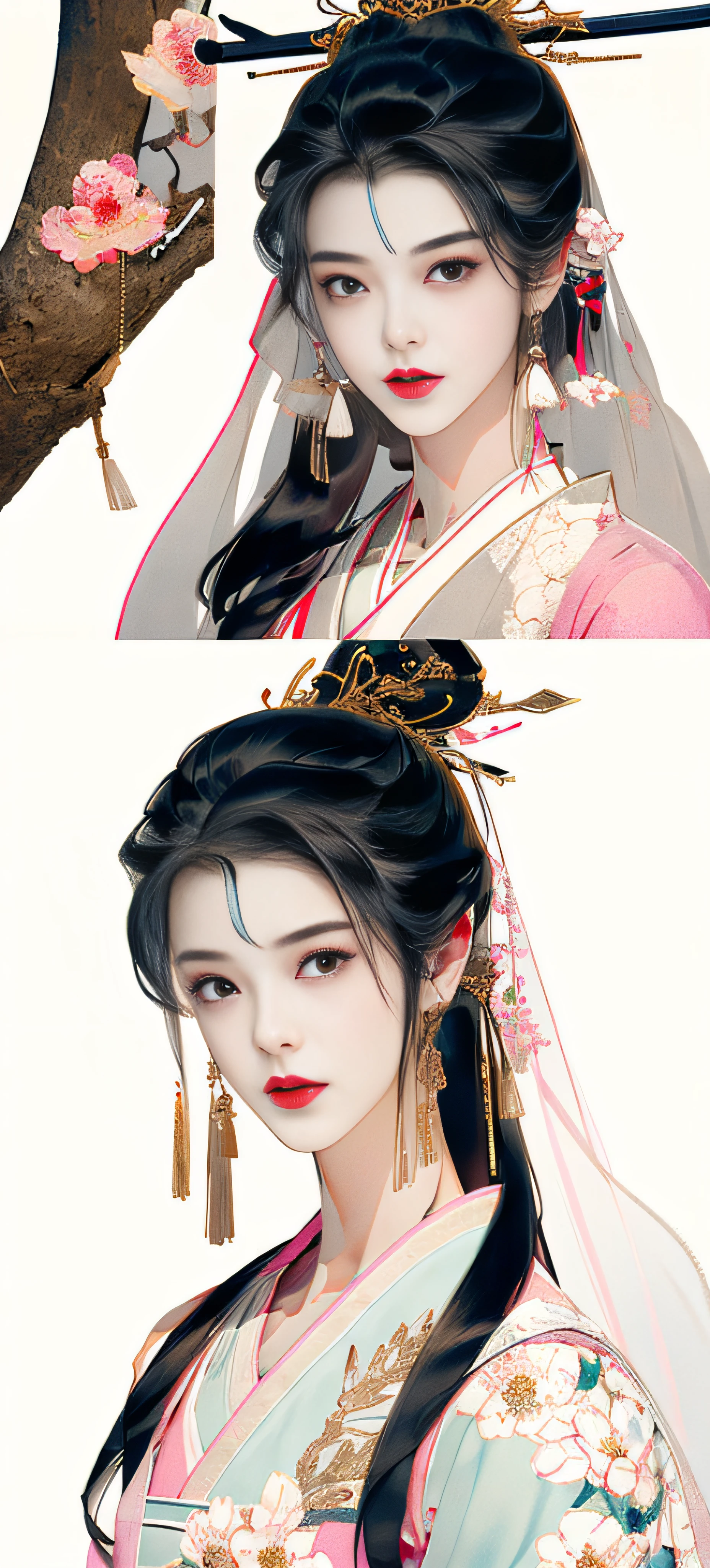 Beautiful details for girls,Very detailed eyes and face,beautiful eyes in detail,Ultra-detailded,high resolucion,Very detailed,The best quality,illustration,exquisite detailing,Best quality,Very detailed CG,8k壁紙,agirl,woods,Long black hair,ponytailhair,Gold ornaments,bangle,(White veil),Beauty of the Western Regions,With a machete,(((Pink clothes))),peach blossom,Lanterns,complex texture,Hanfu,Dunhuang style,streamers,sophisticated background,