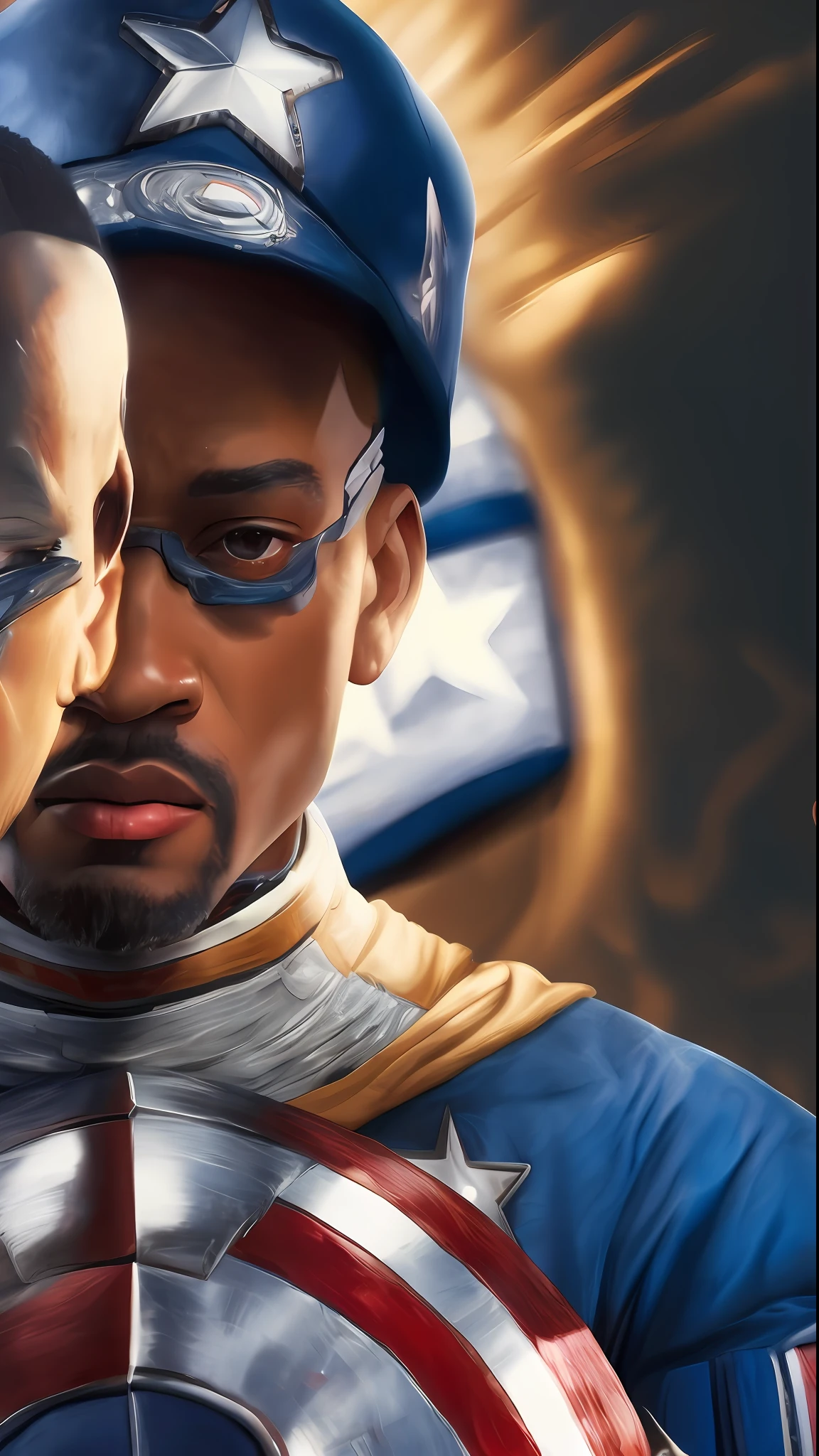 . .Tarantino style Will Smith as Captain America 8k, high definition, detailed face, detailed face, detailed eyes, detailed suit, in style of marvel and dc, hyper-realistic, + cinematic shot + dynamic composition, incredibly detailed, sharpen, details + superb details + evening with light + perfectionism + award winning realism ((moody lighting))