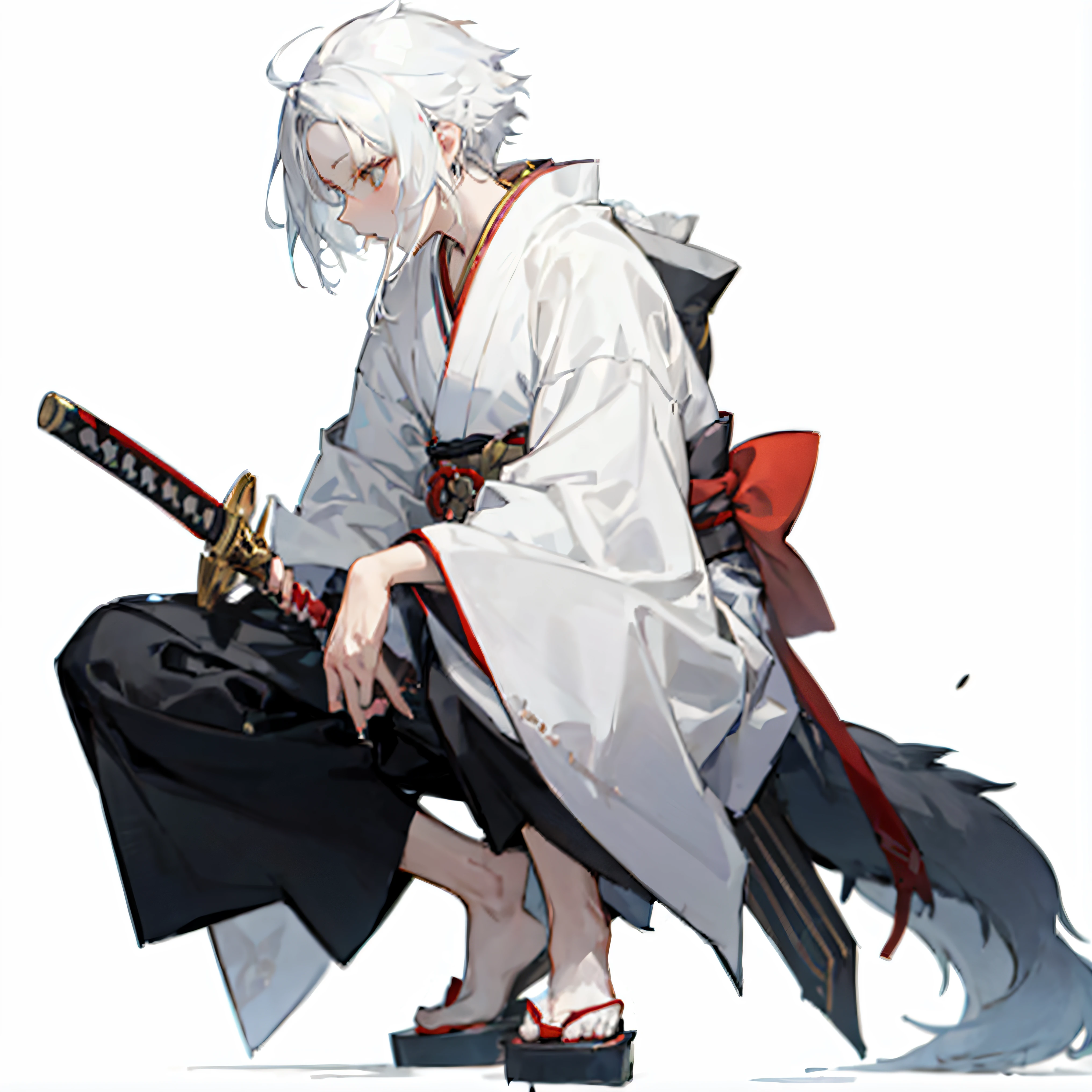 anime character with white hair and white hair holding a sword, white - haired fox, from arknights, White fox anime, Onmyoji, fox nobushi holding a naginata, portrait onmyoji, white haired deity, onmyoji detailed art, arknights, shiraga, shiraga, white fox, shigenori soejima illustration