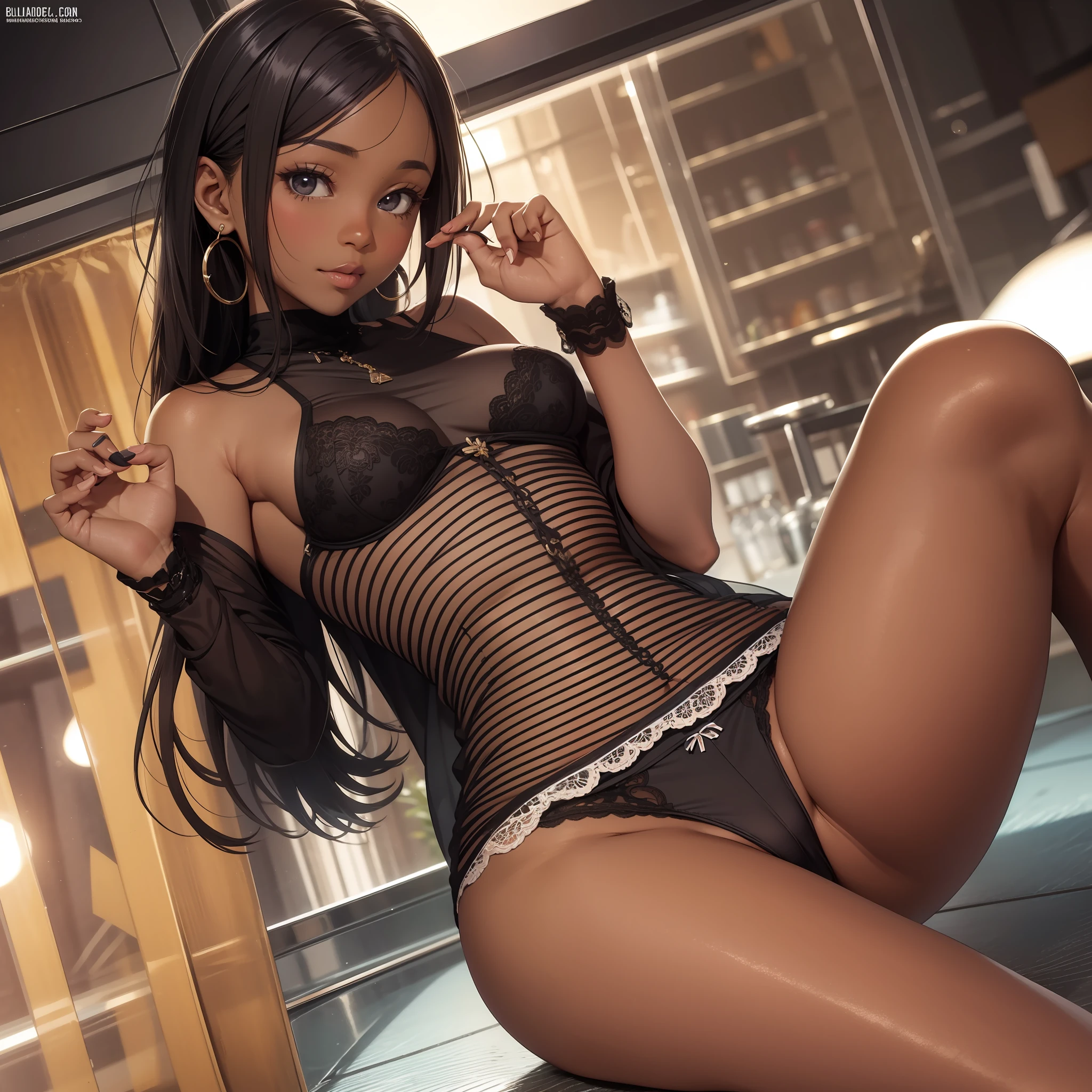 cute dark skinned girl, very flirty, wearing only panties, blishing, nuce body,